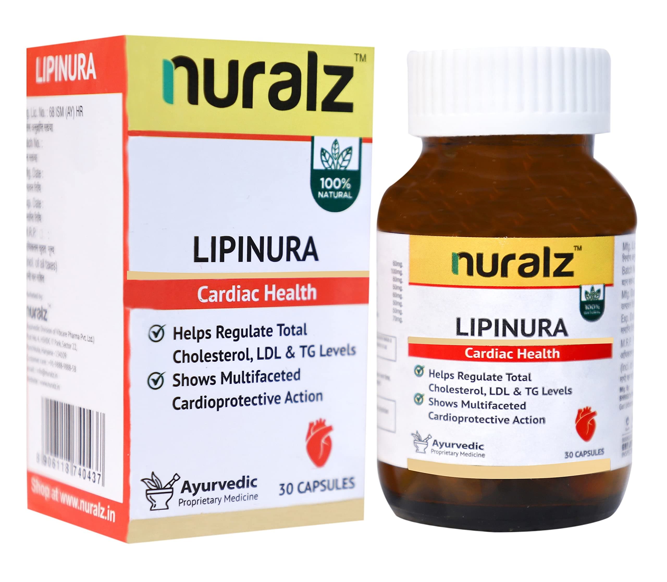 Lipinura Capsules - For Lowering Bad Cholesterol, LDL & Triglyceride Levels, For Healthy Heart, Cardiac Wellness (30 Capsules)