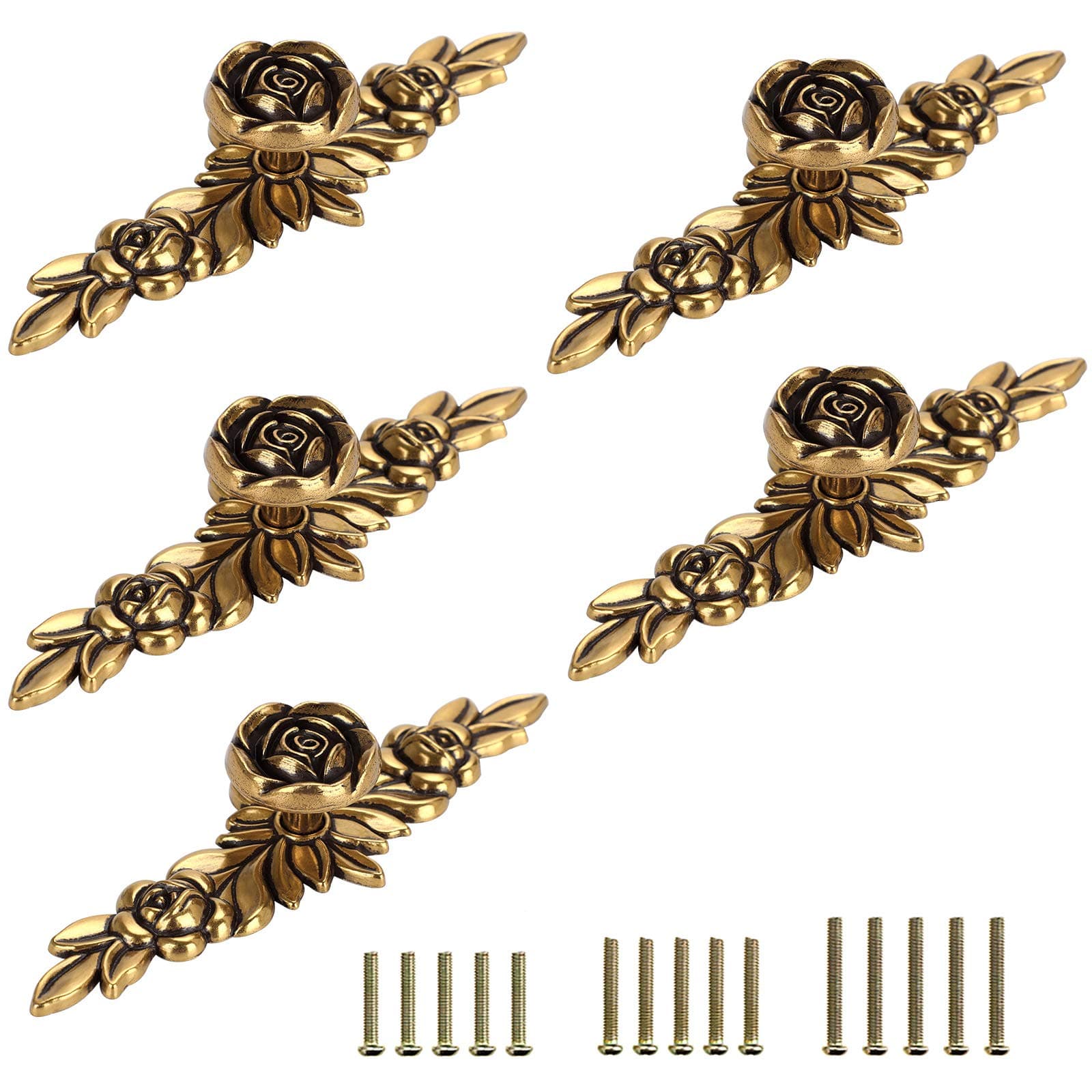 JuxYes Pack of 5 Euro Rose Decorative Cabinet Knobs with Plate, Floral Ivory Drawer Knob Cupboard Door Knobs, Ivory White Drawer Pulls Cabinet Handle Knobs for Dresser Cabinet