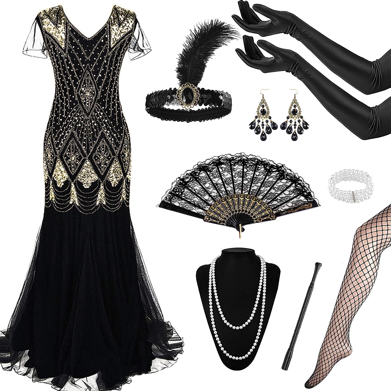 1920s Flapper Dress & Accessories Set for Women, Great Gatsby Fringed Sequin Costume with Gloves/Socks/Headband/Jewellery for Roaring 20s Party