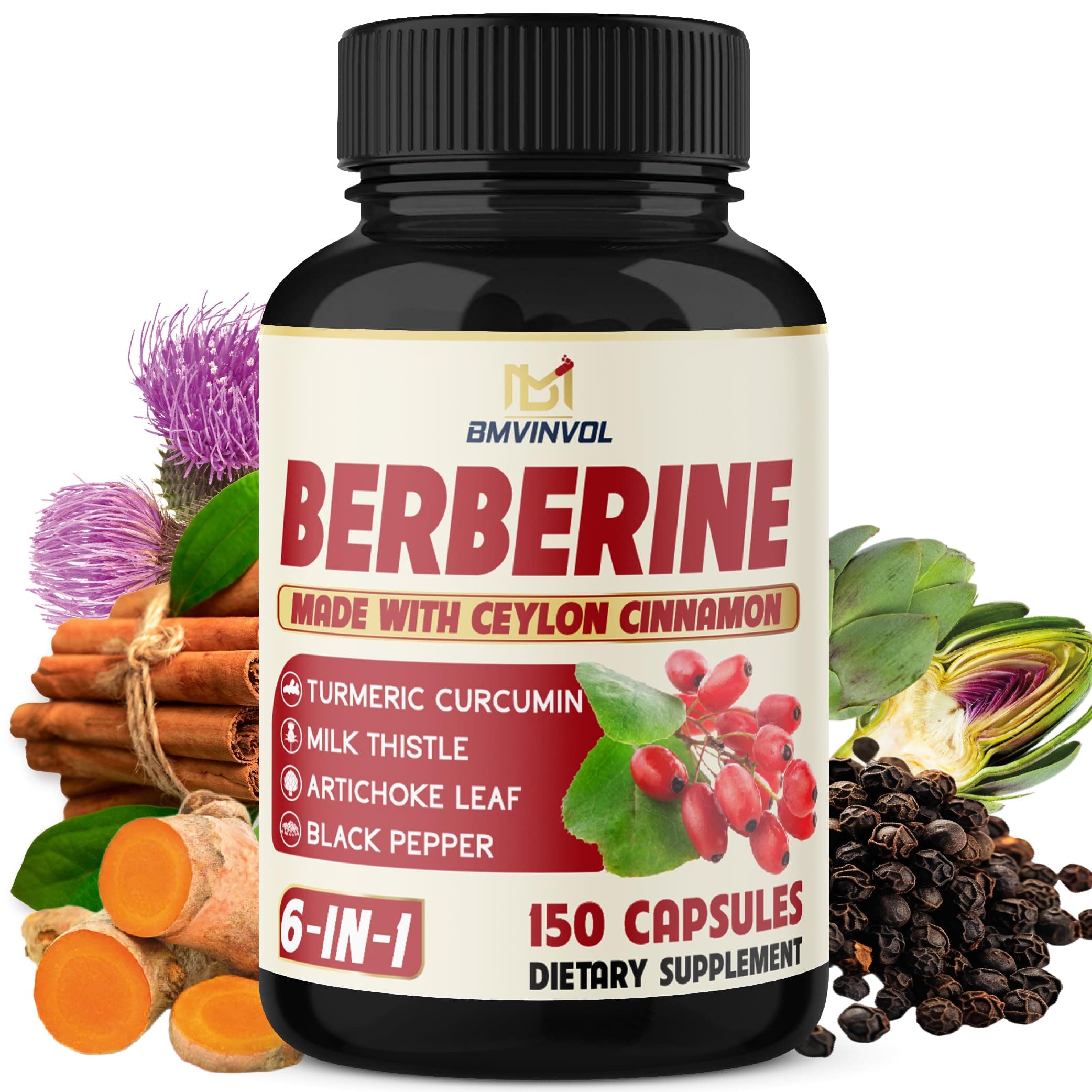 Berberine with Ceylon Cinnamon, Turmeric, Milk Thistle, Artichoke, Black Pepper - 150 Count - Pack of 1