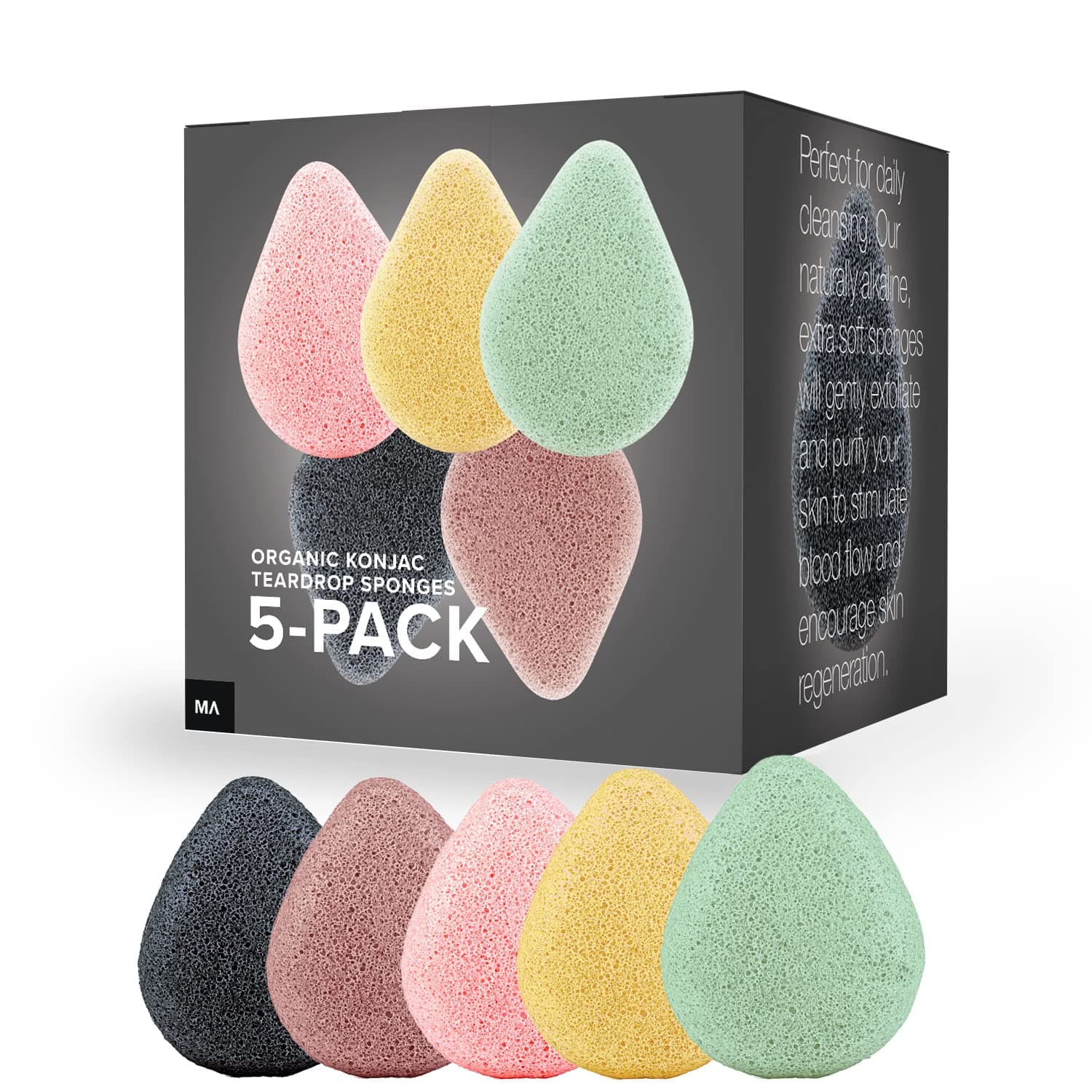 Minamul Konjac Exfoliating Organic Facial Sponge Set Gentle daily face scrub/skincare Safe for Oily, Dry, Combination or Sensitive skin Charcoal, Turmeric, French Green, Red & Pink Clay