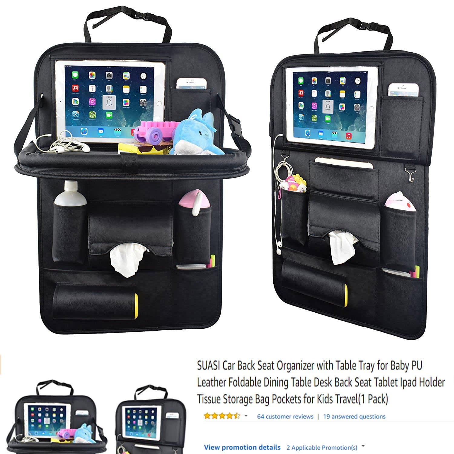 Car Back Seat Organizer with Table Tray for Baby PU Leather Foldable Dining Table Desk SUASI Back Seat Tablet Ipad Holder Tissue Storage Bag Pockets for Kids Travel(1 Pack)