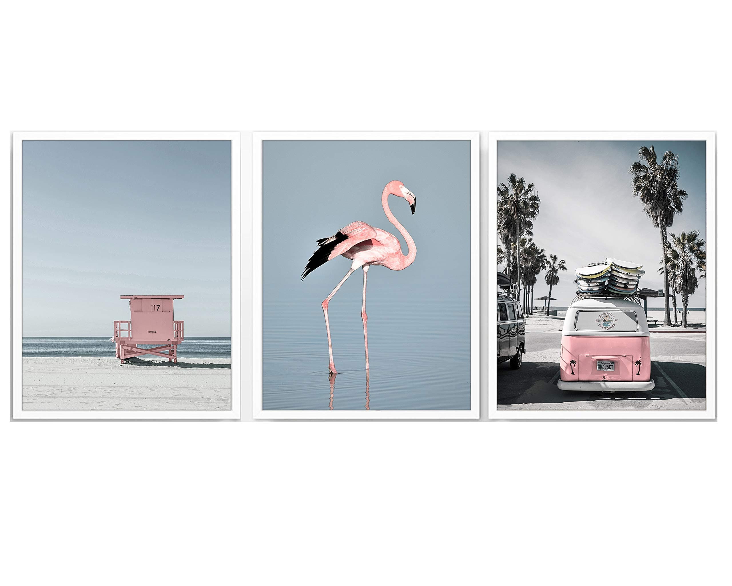 Pink Beach Themed Photography Prints, Set of 3, Unframed, Coastal Lifeguard Stand, Van, Pink Flamingo, Wall Art Decor Poster Sign, 8x10 Inches