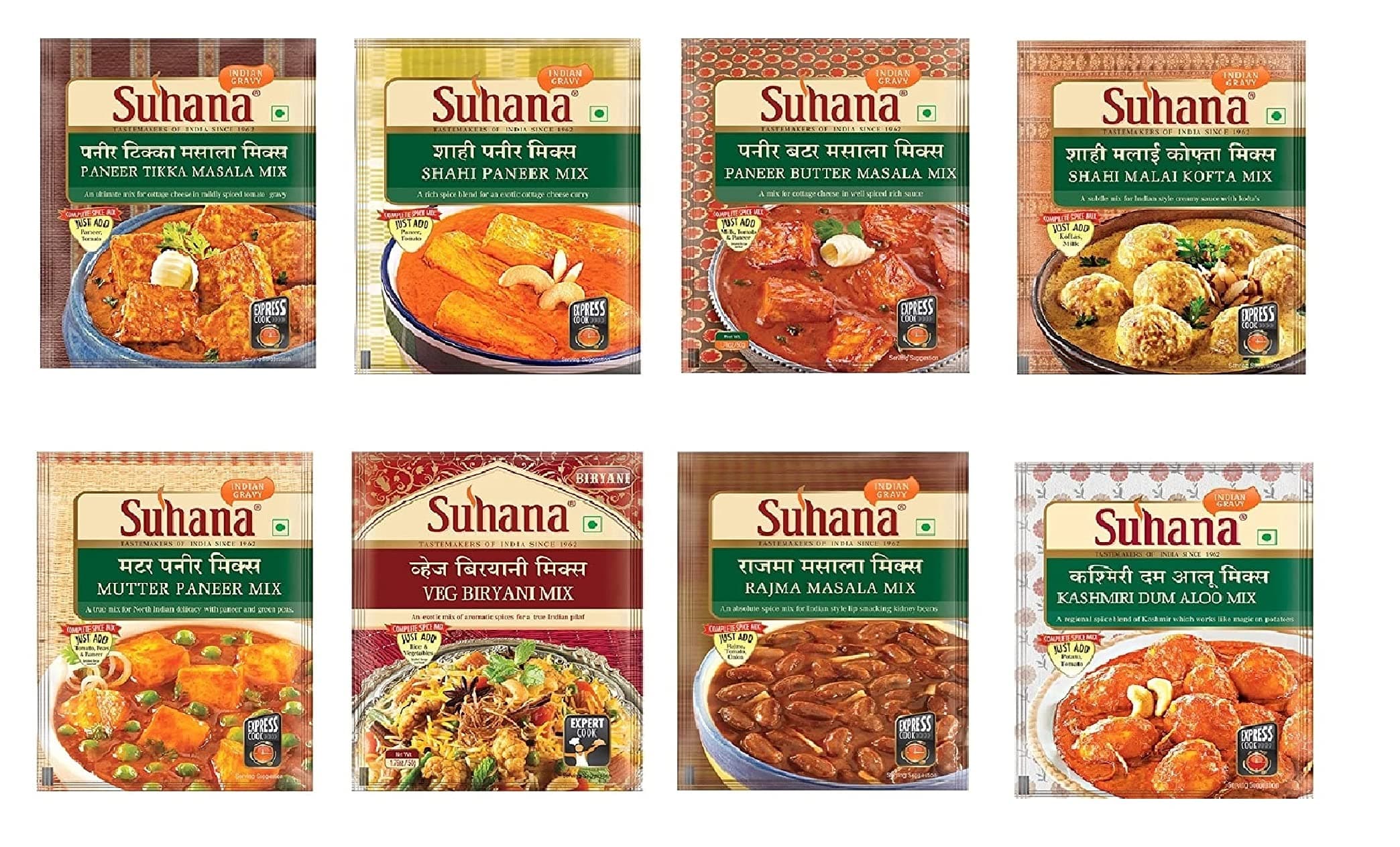 Suhana Veg Spice Mixes - Paneer Butter, Veg Biryani, Paneer Tikka, Shahi Paneer, Kashmiri Dum Aloo, Rajma Masala, Mutter Paneer, Shahi Malai Kofta -Combo of 8