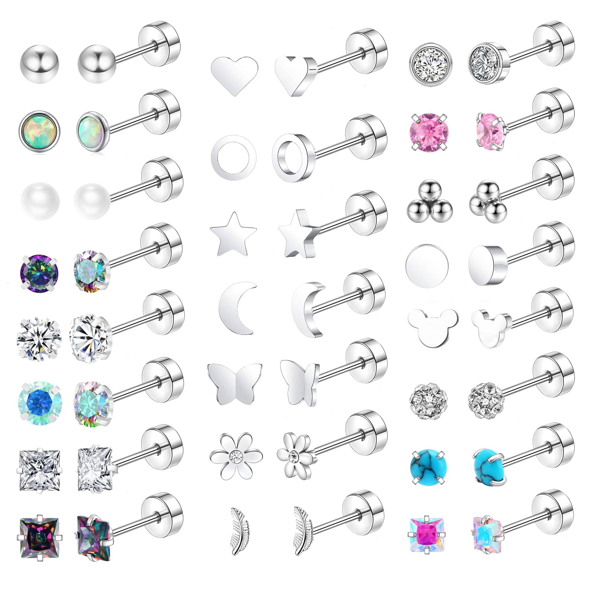 MOZAKA 23 Pairs Hypoallergenic Titanium Earrings for Women Cute Heart CZ Flower Pearl Ball Tiny Flat Back Earrings G23 Titanium Earrings for Sensitive Ear