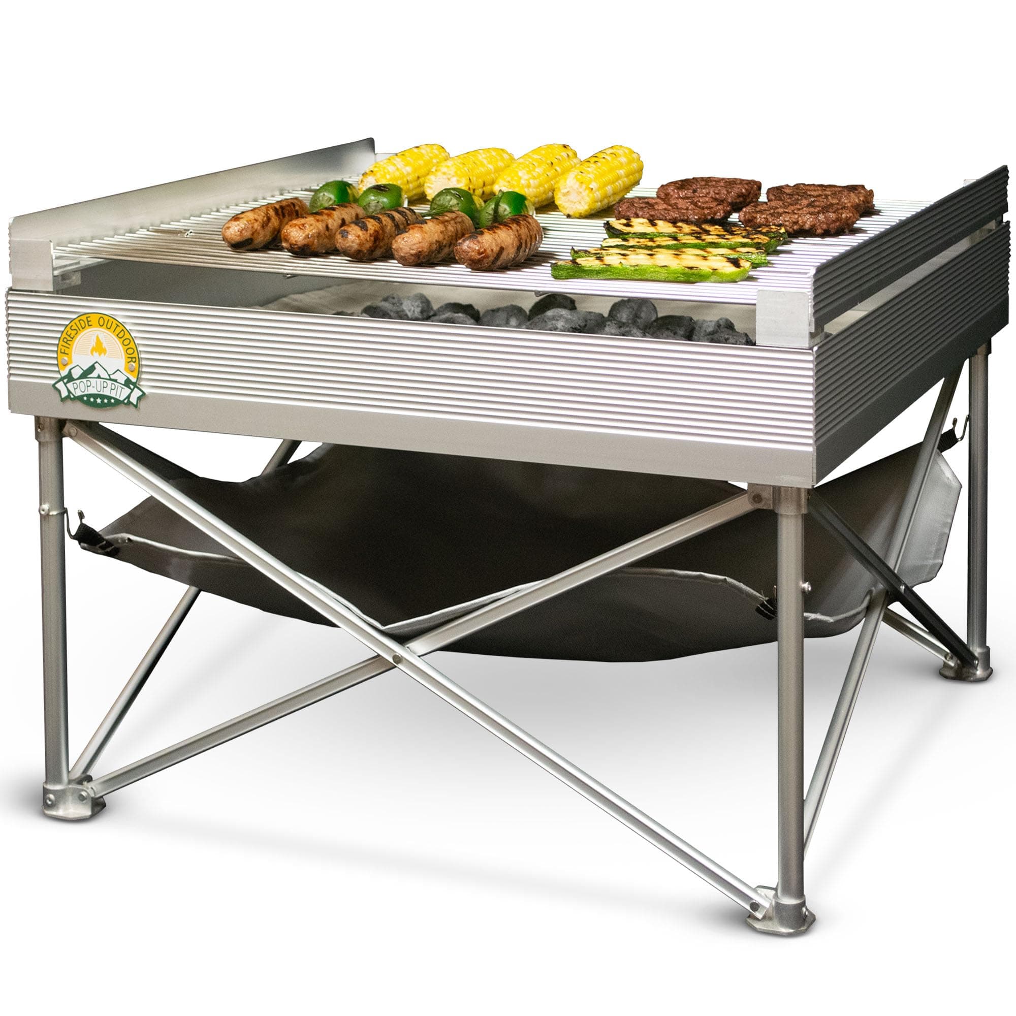 Fireside Outdoor Pop-Up Portable Fire Pit Grill - Camping Charcoal Grills, BBQ Grills, Portable Firepit Campfire Pit, Outdoor Fire Pits Cooking Grate with Grill and Heat Shield - Quad-Fold Grates