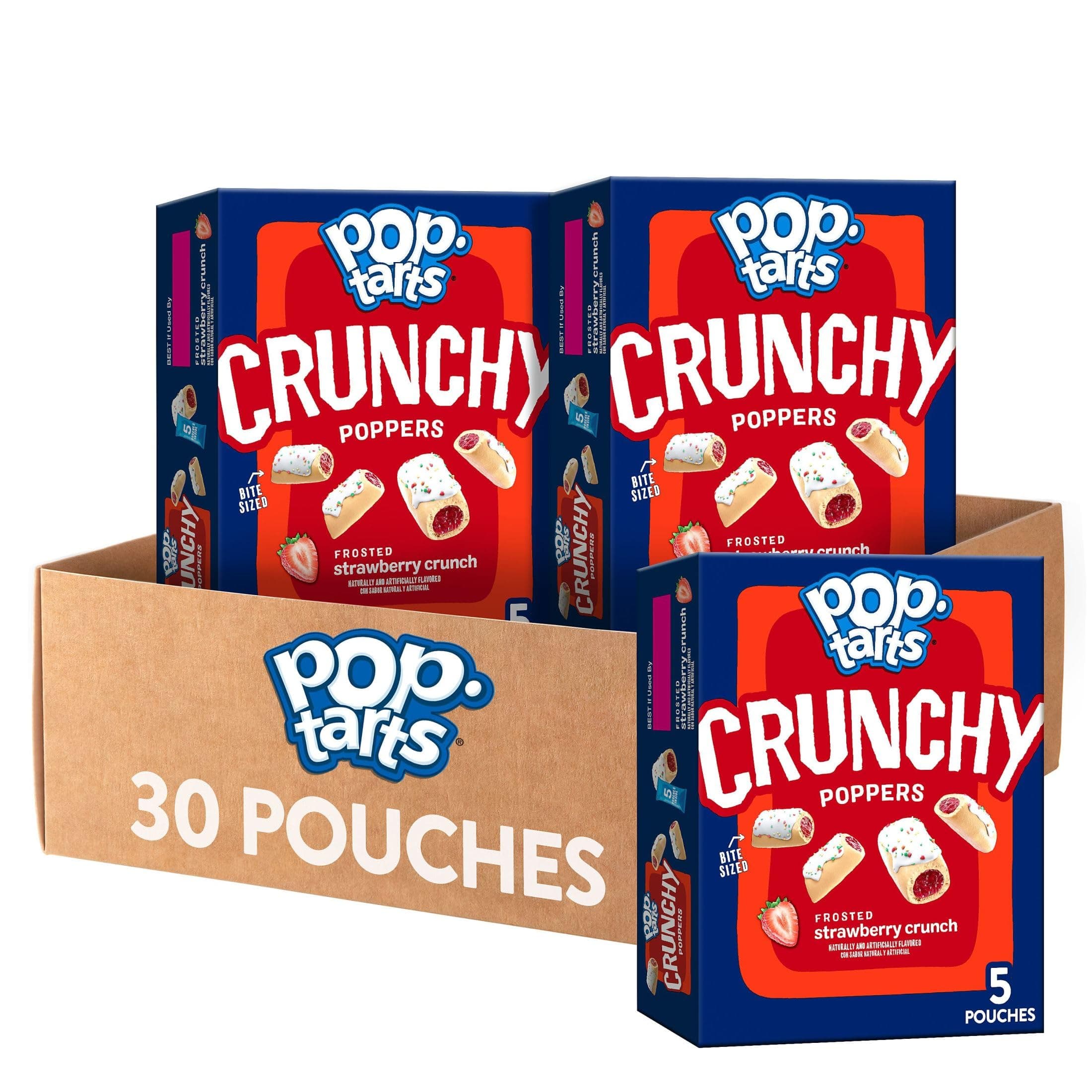Pop-Tarts Crunchy Poppers Crunchy Filled Snack Pieces, Kids Snacks, On-the-Go, Frosted Strawberry Crunch (6 Boxes, 30 Pouches)