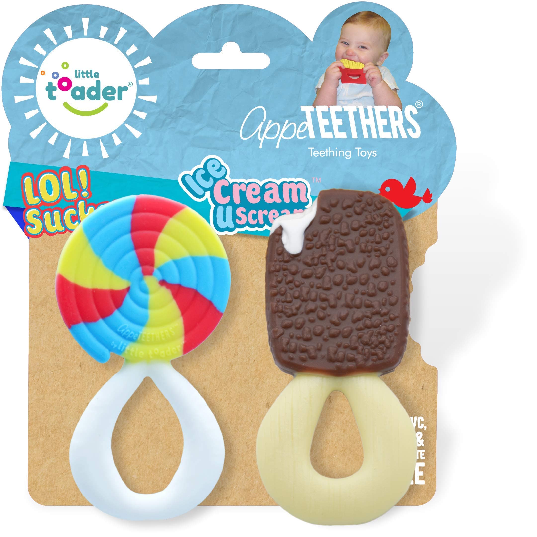 Baby Teether Toys – Appe-TEETHERS LOL! Sucker and Ice Cream U Scream combo pack candy teether - For Teething Infants and Toddlers (newborn and 3+ Month)