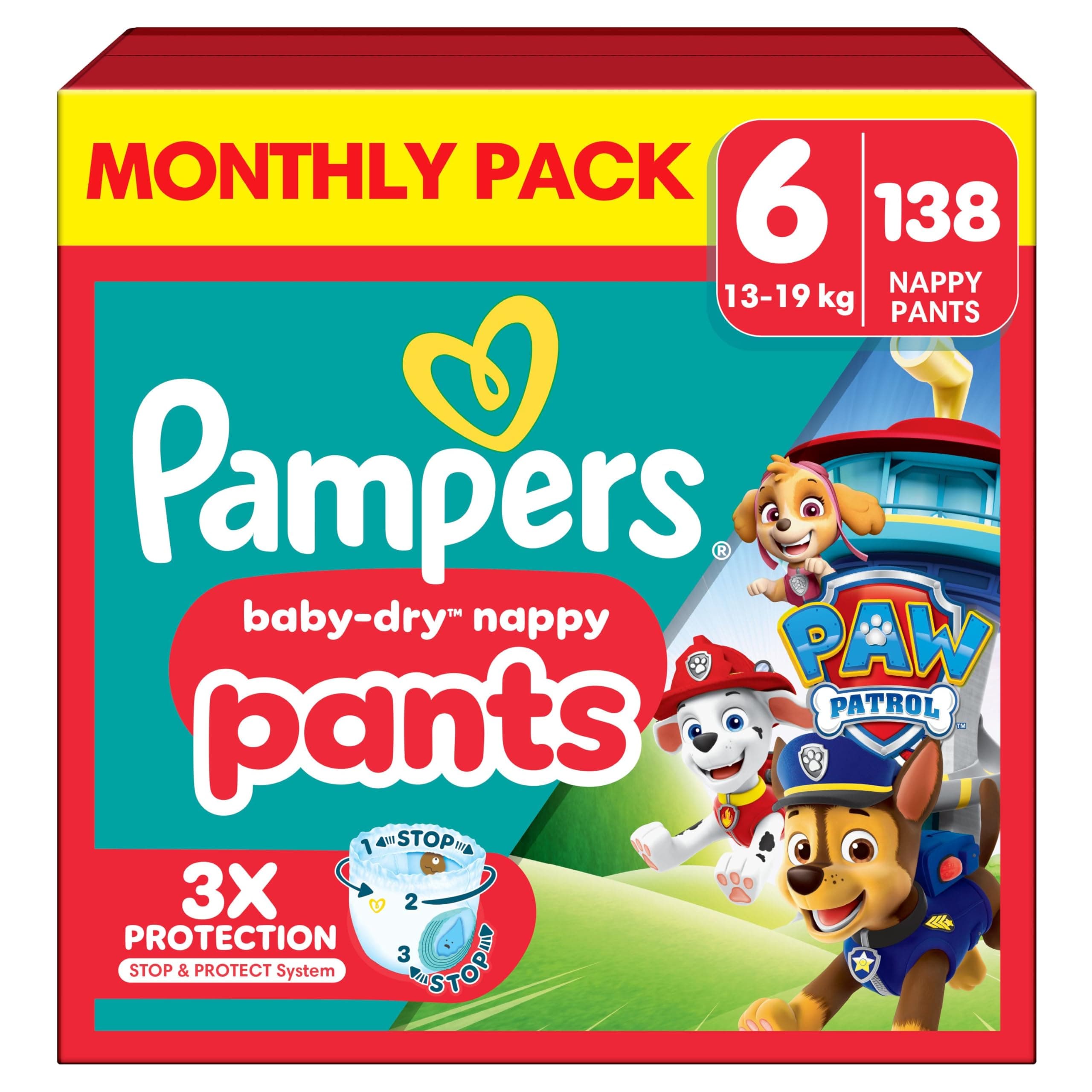 Baby-Dry Nappy Pants Paw Patrol Edition Size 6, 138 Nappies, 13kg-19kg, Monthly Pack, with Our 360° Pants Fit to Help Prevent Leaks