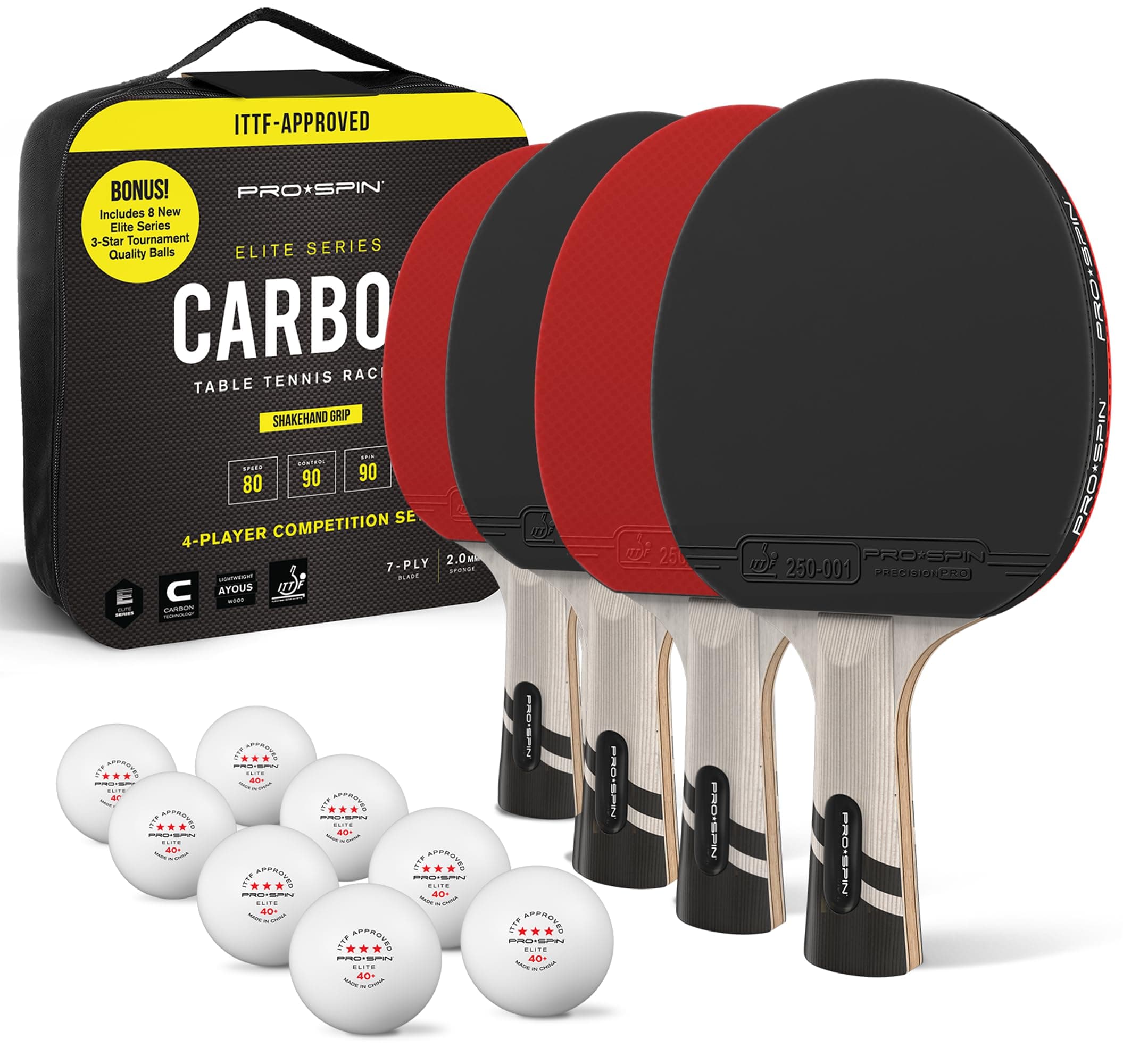 PRO SPIN Carbon Ping Pong Paddle - Premium Table Tennis Racket Made of Carbon Fiber | Professional Grade 7 Layer Blade Premium Rubber 2.0mm Sponge | Set of 4 | Elite Series 3 Star Ping Pong Balls 8