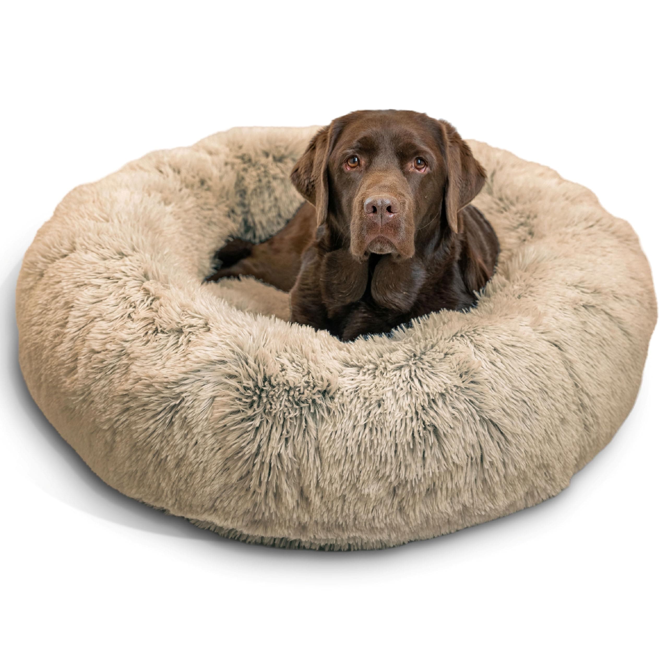 The Original Calming Donut Dog Bed – Washable Plush Pet Bed for Large Breeds up to 100 lbs, Shag Faux Fur, Taupe, Large (36" x 36")