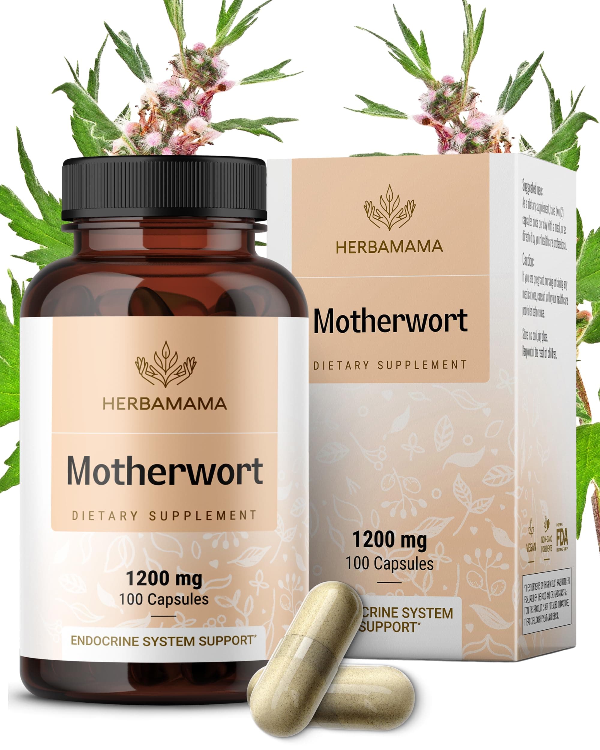 HERBAMAMA Motherwort Capsules – Natural Menopause Supplements* for Women – 1,200mg Motherwort Herb Powder per Serving for Women's Mood & Calm Support – Vegan, Non-GMO – 50-Day Supply