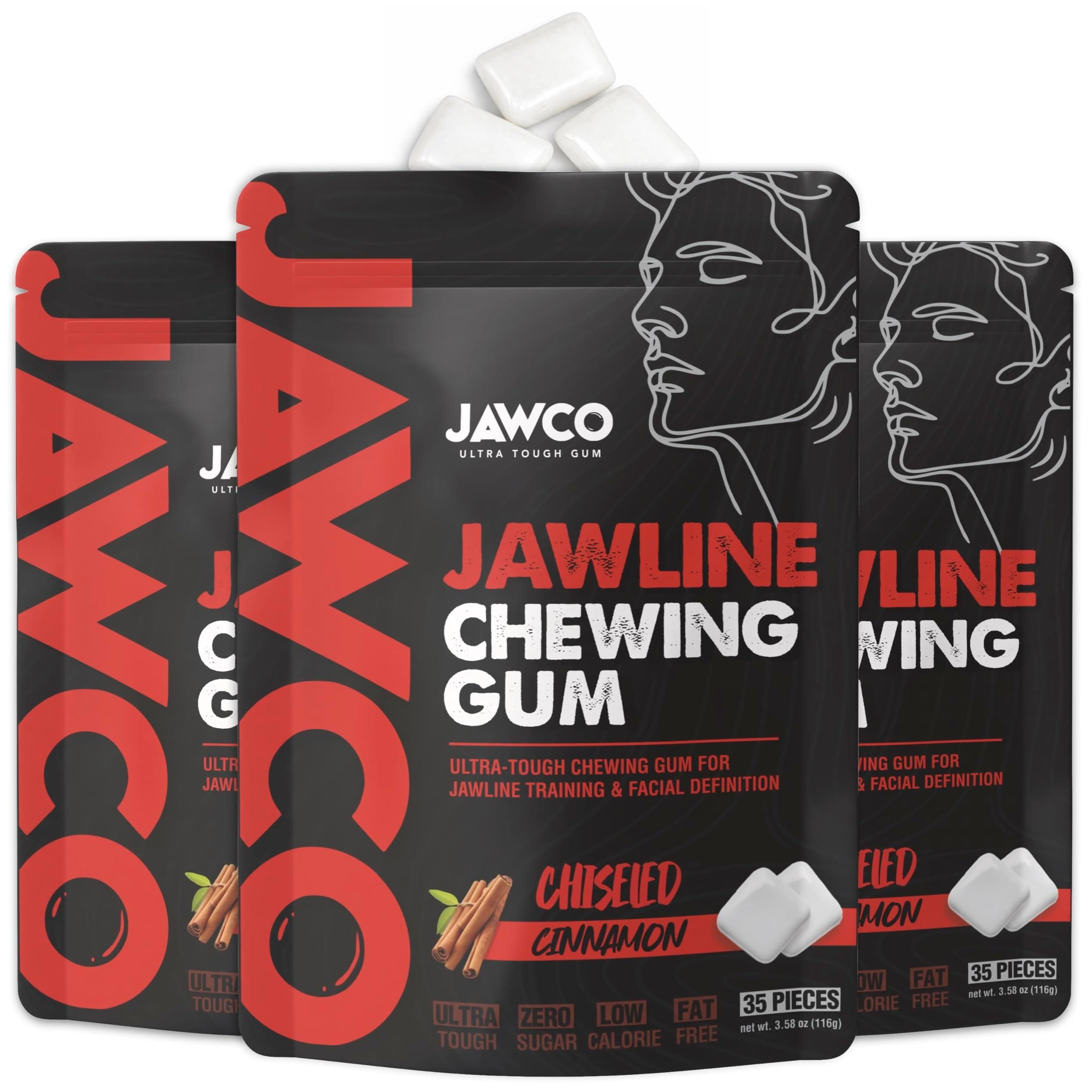 JAWCO Ultra-tough Jawline Chewing Gum | Get a Stronger, Squarer Jawline | Cinnamon Jaw Training Hard Gum | Chisel, Sculpt, & Tone your Jaw | 15X Hardness | Facial Fitness Mewing Gum | 35 Pieces/Pack