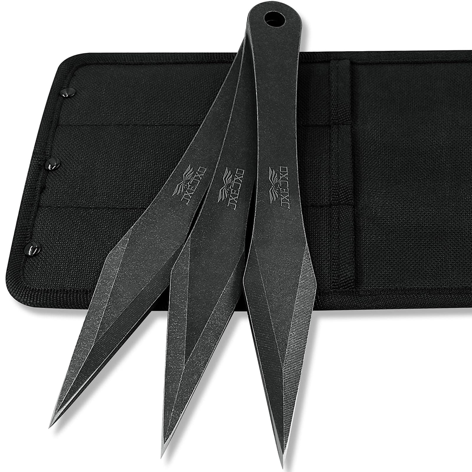 JXE JXO Throwing Spikes, 9.4" Stainless Steel No Spin Throwing Set with Nylon Belt Sheath