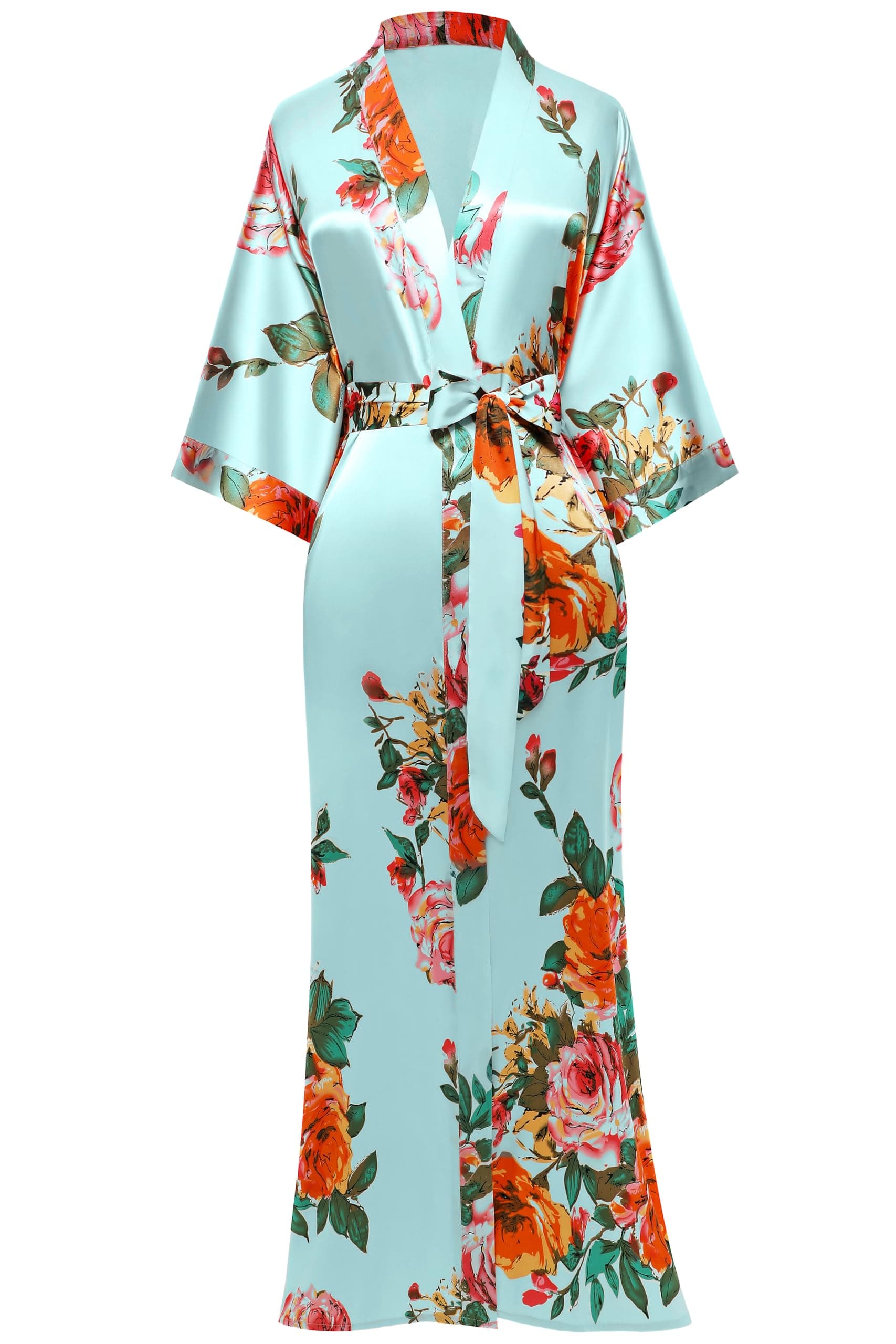 BABEYOND Women's Kimono Robe Long Satin Silky Floral Lightweight Bridesmaid Wedding Bachelorette Party Robe