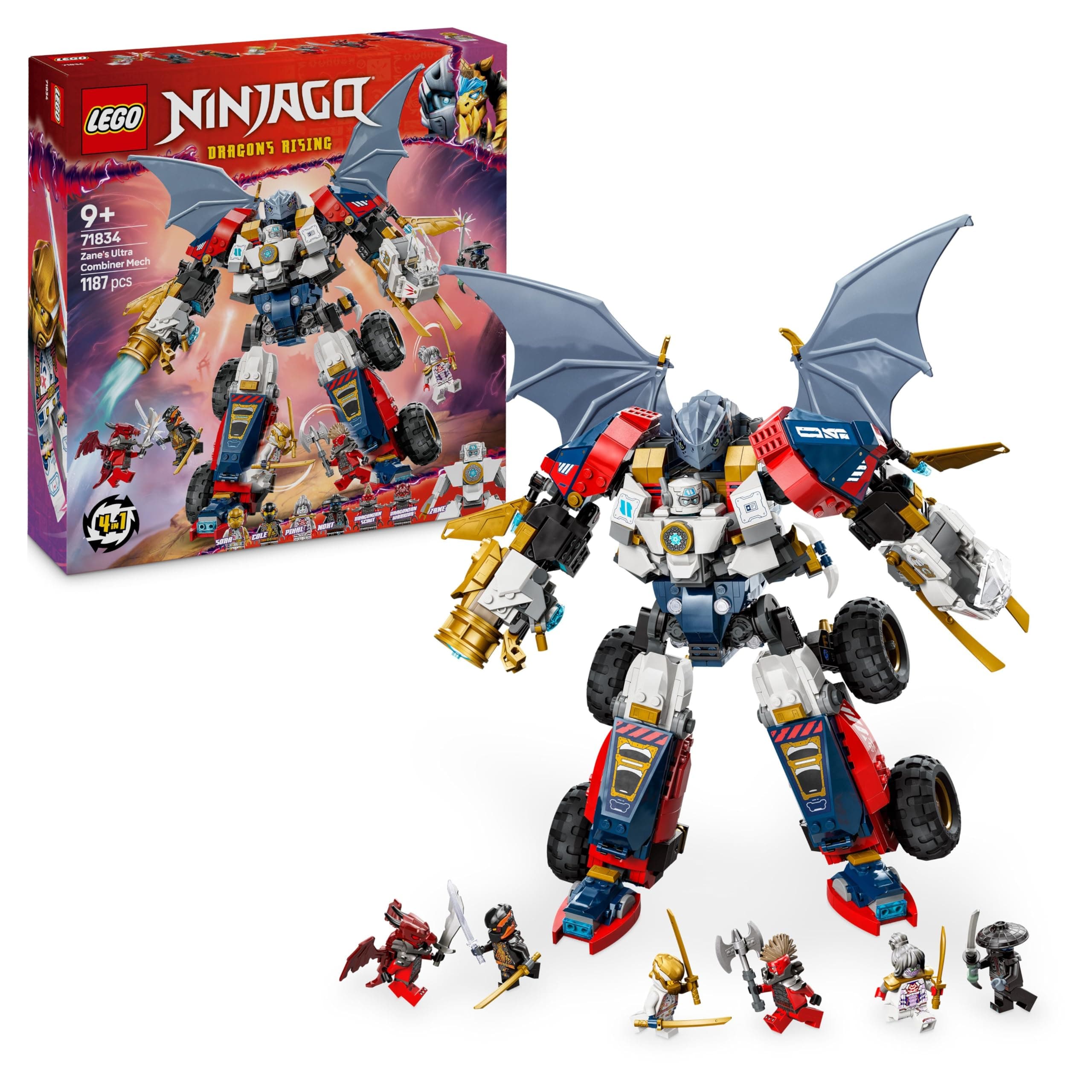 NINJAGO 4in1 Zane’s Ultra Combiner Mech Toy - Rebuilds into a Jet, Car Model, Dragon & Ninja Figure - Incl. 6 Minifigures for Role Play - Building Set for 9+ Year Old Boys & Girls - 71834