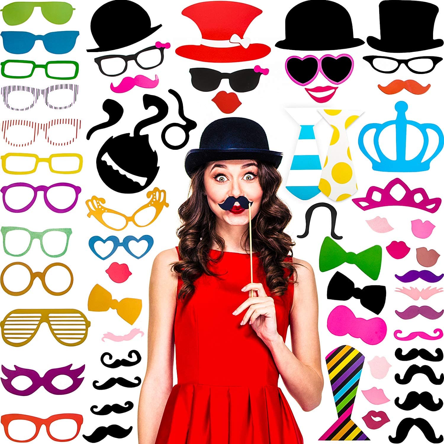 Gejoy 60 Pcs Graduation Photo Booth Props DIY Kit Funny Selfie Props Accessories for Grad Wedding Prom Party Supplies Favors with Mustache on a Stick, Hats, Glasses, Mouth, Bowler, Bowties(Classic)