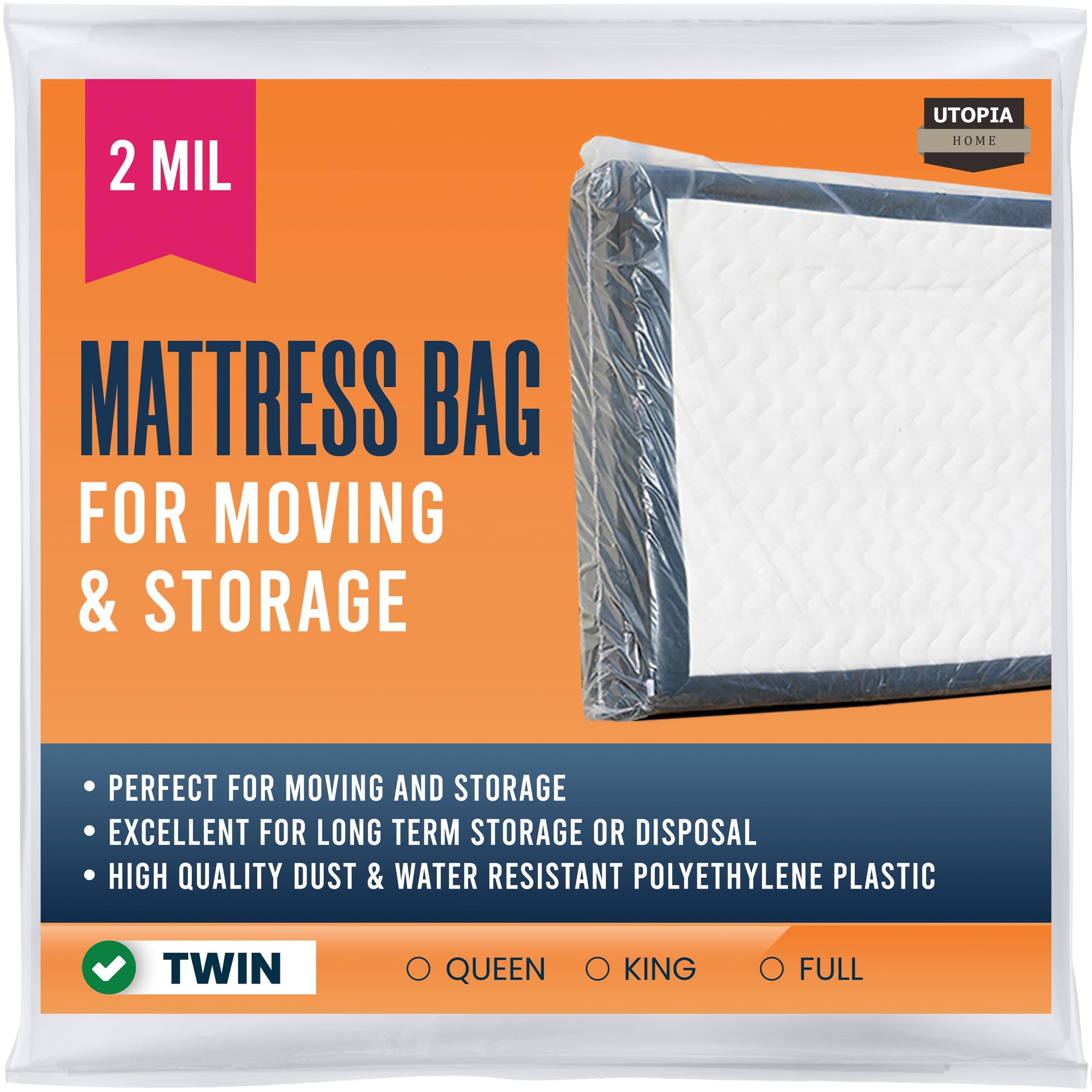 Utopia Home Mattress Bag for Moving and Storage (Twin) - 2 Mil Thick Plastic Mattress Cover - Mattress Storage Bag