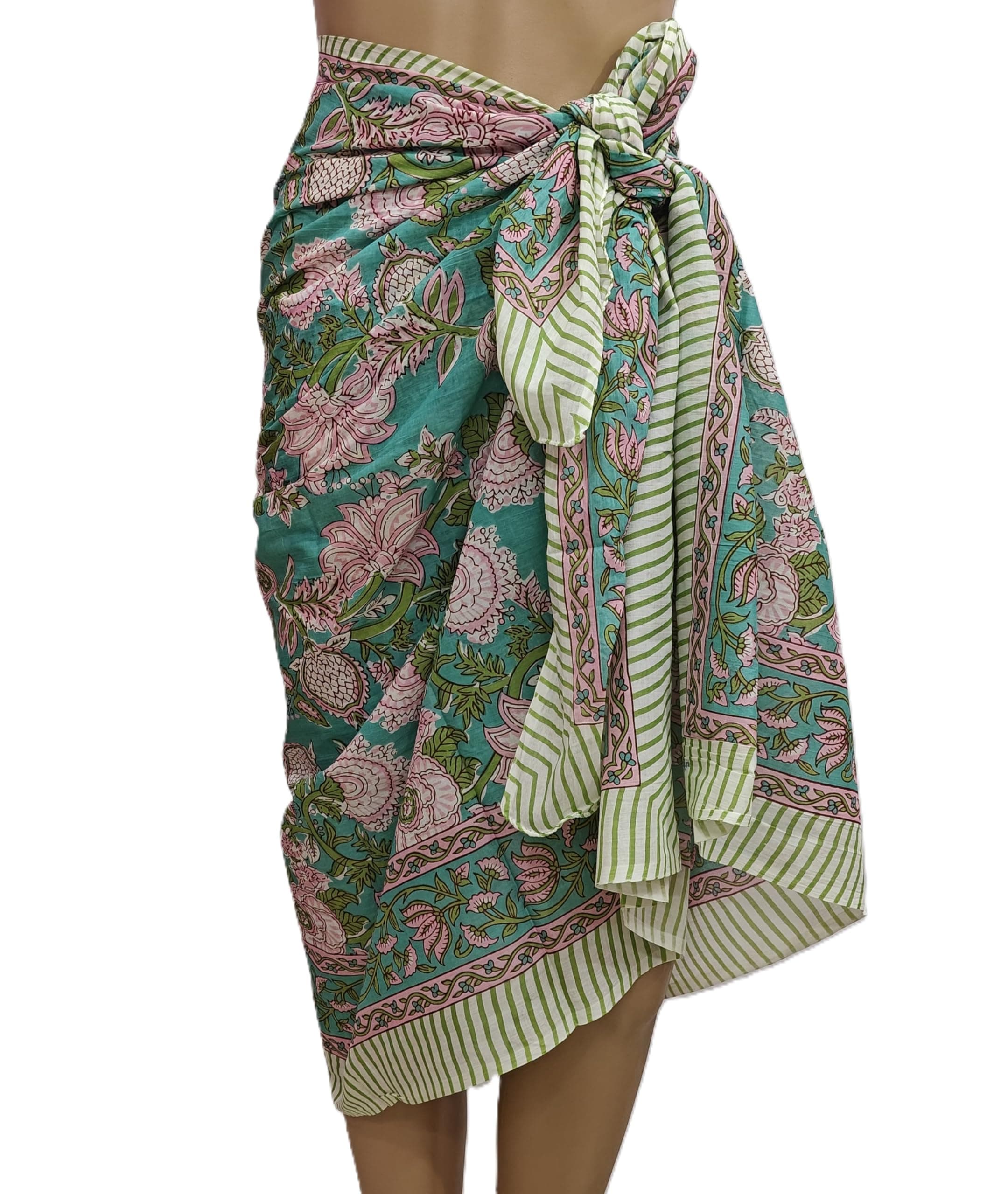 100% Cotton Hand Block Print Pareo Sarong Swimsuit Wrap Skirt Cover Up Long Women’s Apparel Fabric Beach Bikni (73" x 44")