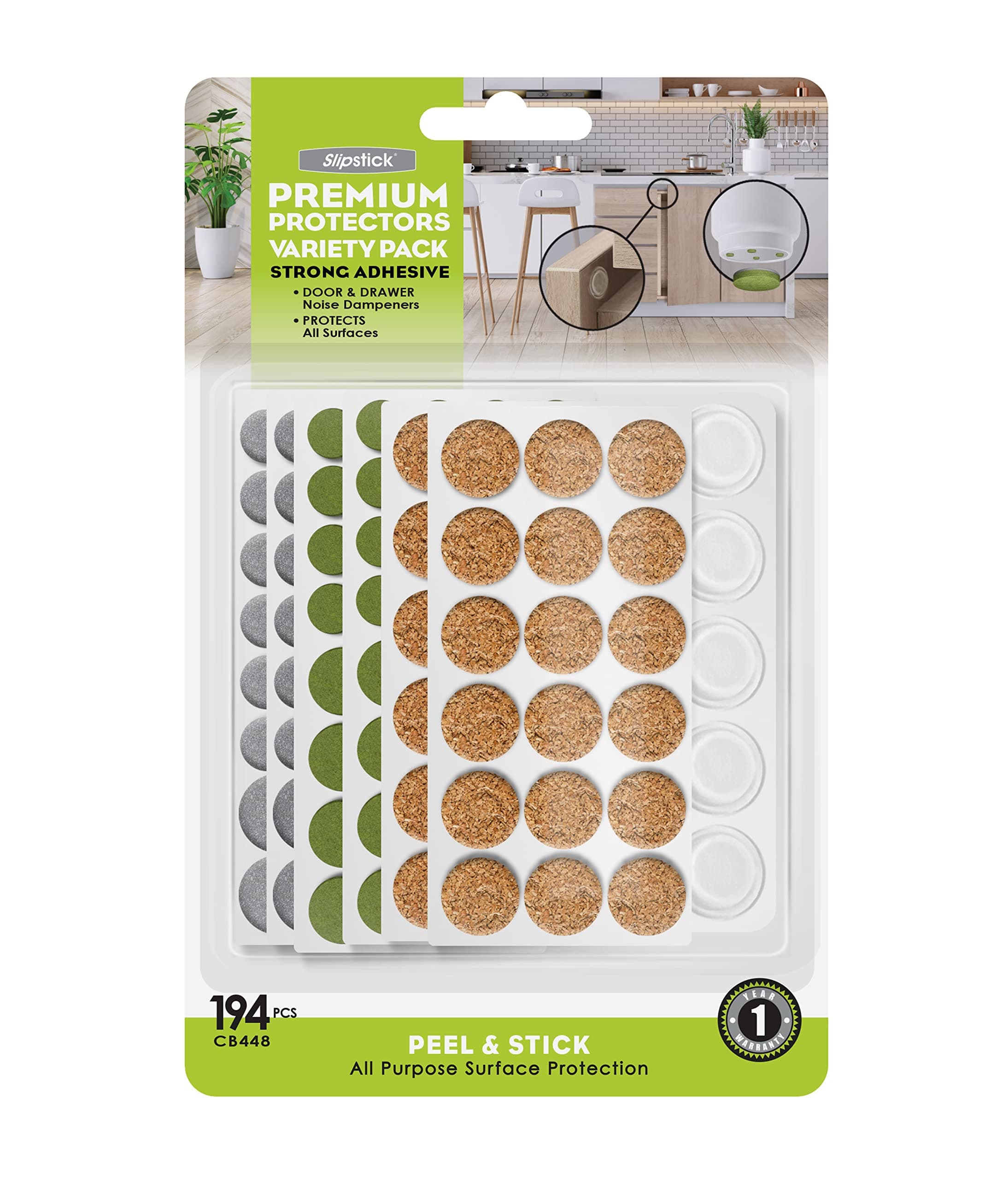 Slipstick Variety Pack of Premium Adhesive Protective Pads (194 Pieces) Cabinet Door Drawer Shock Absorbers and Small Universal Surface Protective Pads, Protective Pads