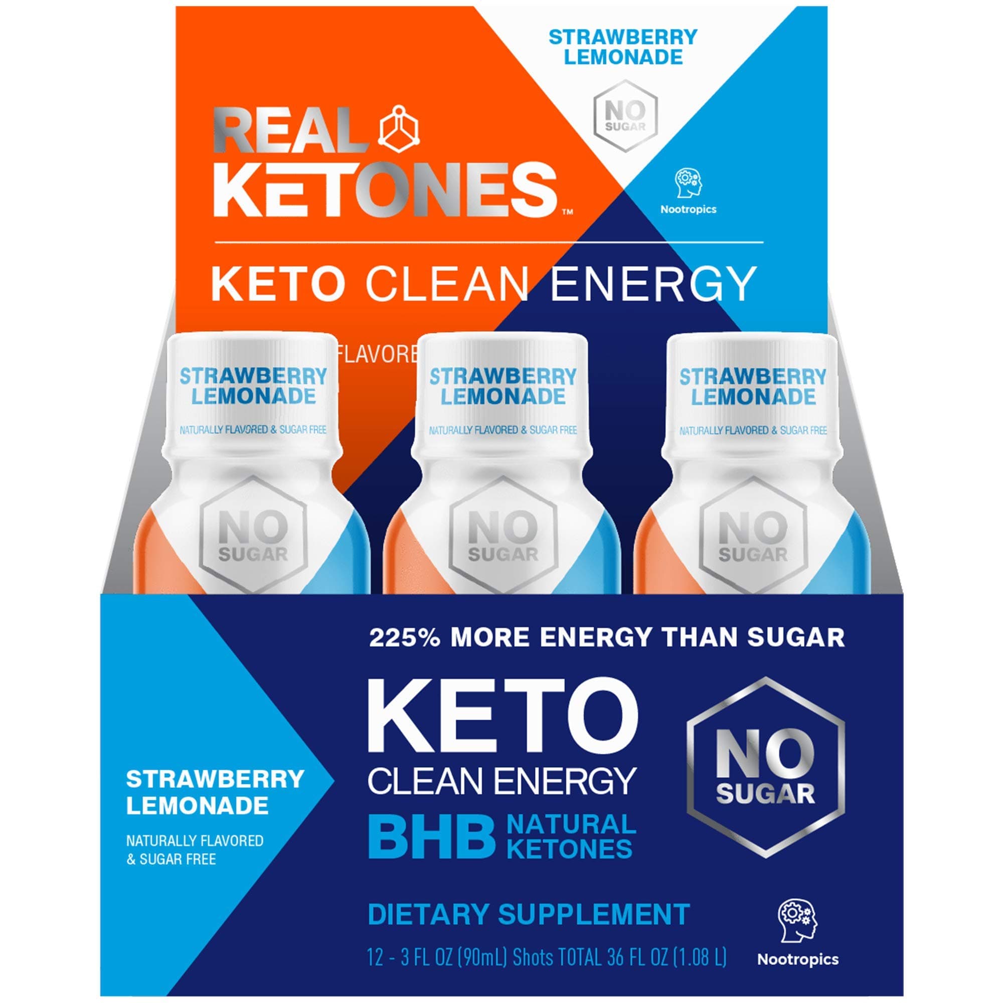 Keto Energy Shots - Exogenous Ketones Preworkout Energy Drink- 12-Pack with D BHB, Natural Caffeine, and Nootropic Blend - Strawberry Lemonade by Real Ketones