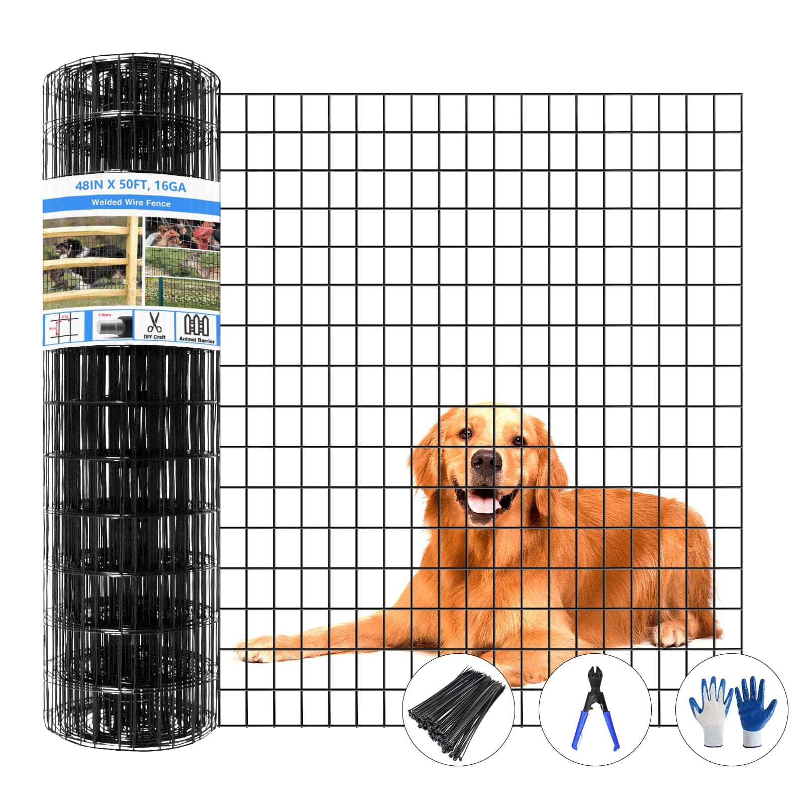 Welded Wire Fence, 50ft(L) x 48inch(H) Garden Fence for Dog, 2 Inch x 3 Inch 16GA Fencing for Chicken, PVC Coated Anti-Rust Roll Metal Wire Mesh Fence for Yard Vegetable, Black