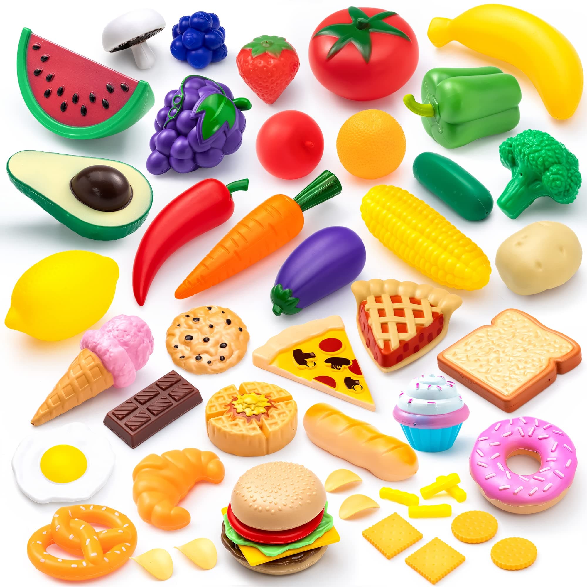 – 50 pcs Play Food Set for Kids,Plastic Toy Kitchen Accessories with Fruits,Vegetables & Desserts,Imaginative Play Food Toys for Toddlers 2,3,4,5, Bithday Gift for Kids