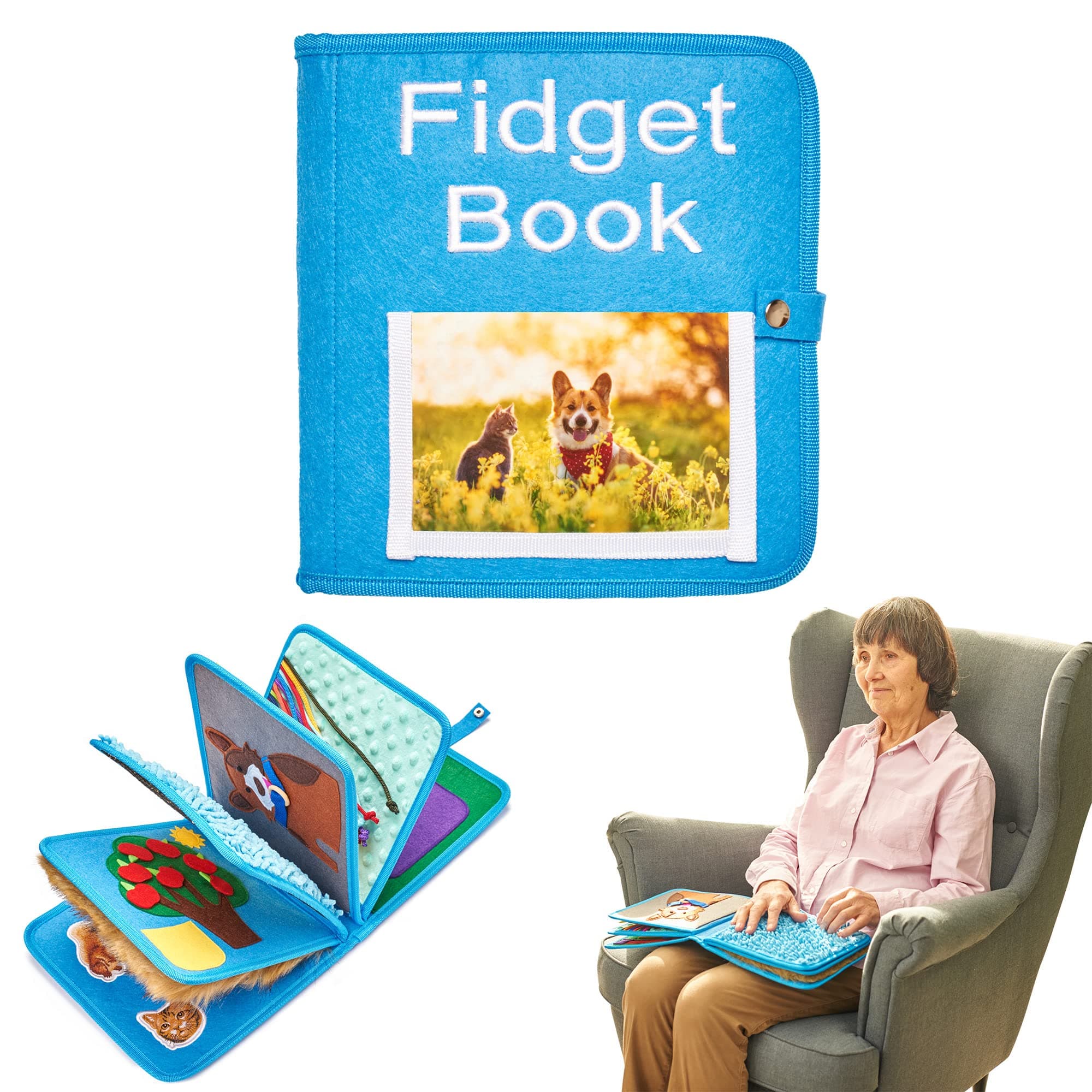 Fidget Book for Elderly | Fidget Blanket for Dementia | Dementia Products for Elderly | Gift and Activities for Seniors with Alzheimer’s | Sensory Blanket for Seniors (Blue)