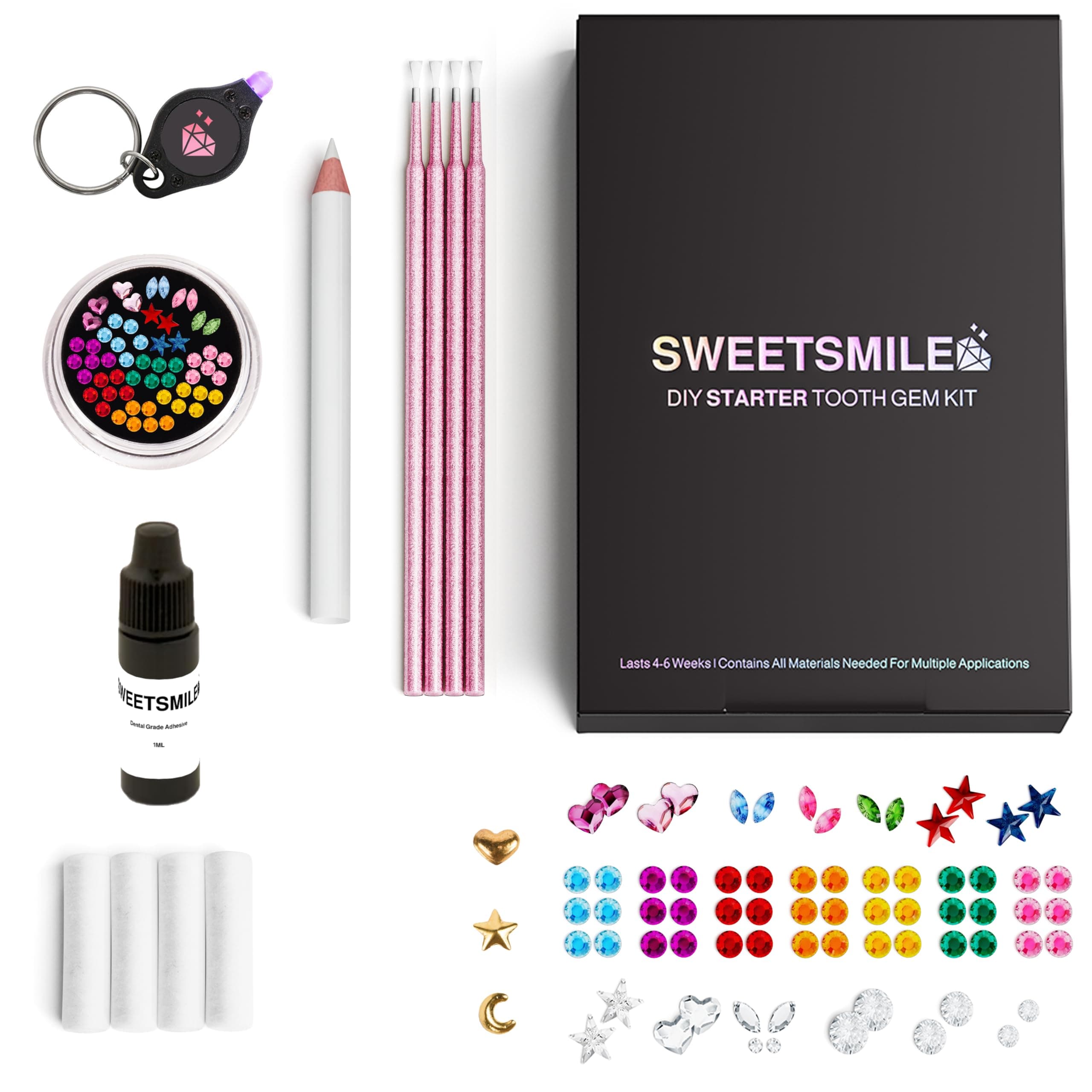 Sweet Smile | The ALL IN ONE DIY Tooth Gem Kit | Gold, Multi-Color, Clear Crystal Gems | Tooth Jewelry | Heart, Star, Butterfly Teeth Gems | Various Shapes and Colors