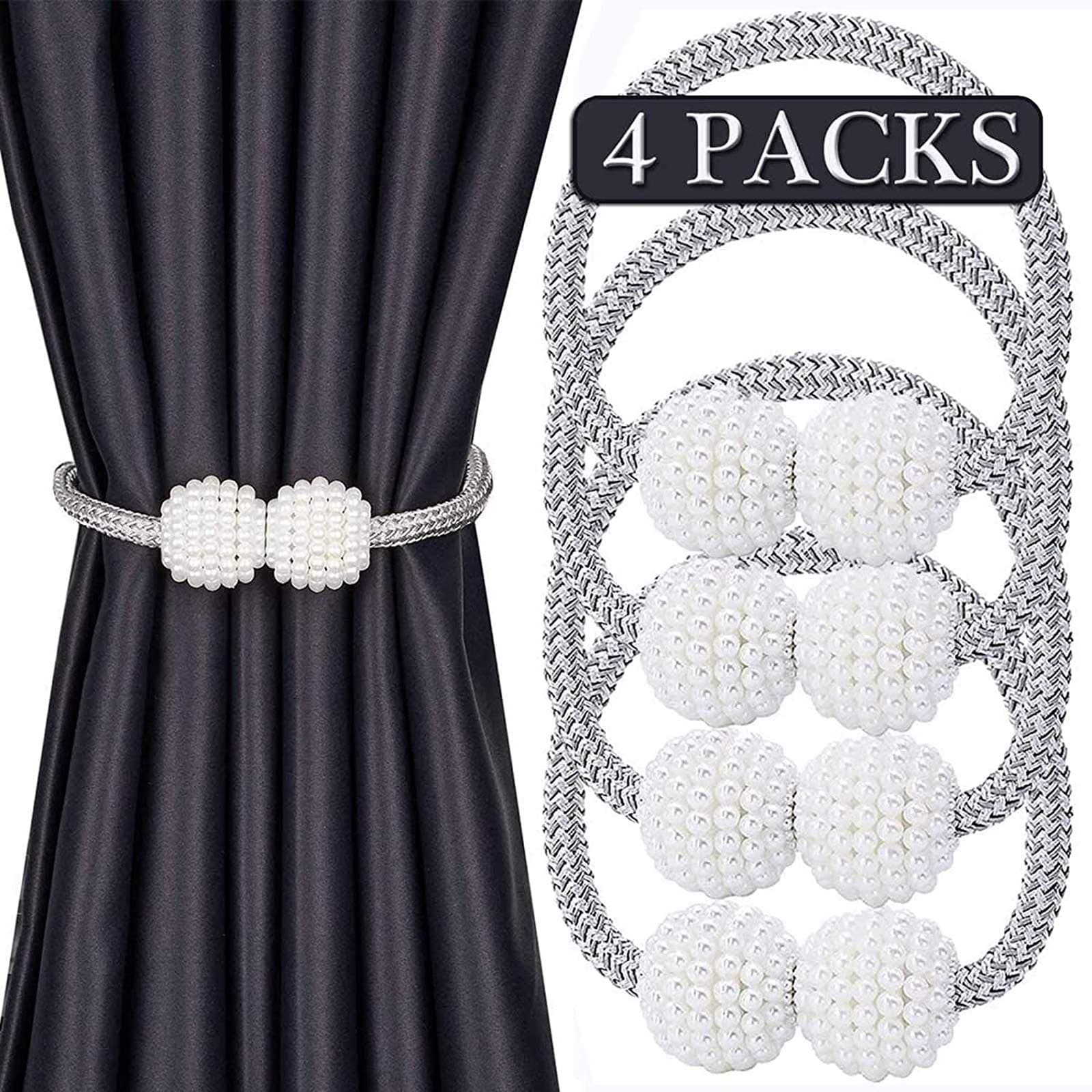 IAGORYUE Upgraded Magnetic Curtain Tie Backs, Classy Small Pearl Curtain Tie Back Clips Rope Holdbacks, Buckle For Home, Office, Hotel Window Decoration, Pretty and Fashion 4 Pcs (Silver Grey)