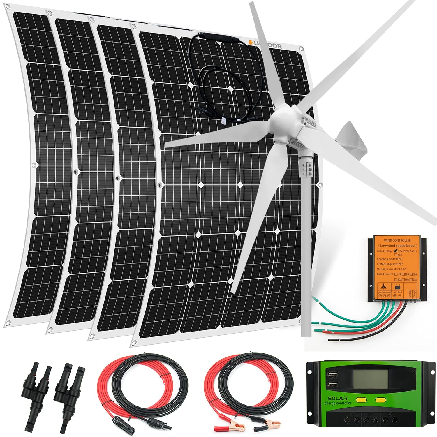 1480 Watts 24 Volt Solar & Wind Hybrid Kit for Home Boat RV Camping: 4 x 120W Flexible monocrystalline Solar Panel + 1000W Wind Turbine + Accessories,Solar Wind Power Generator System