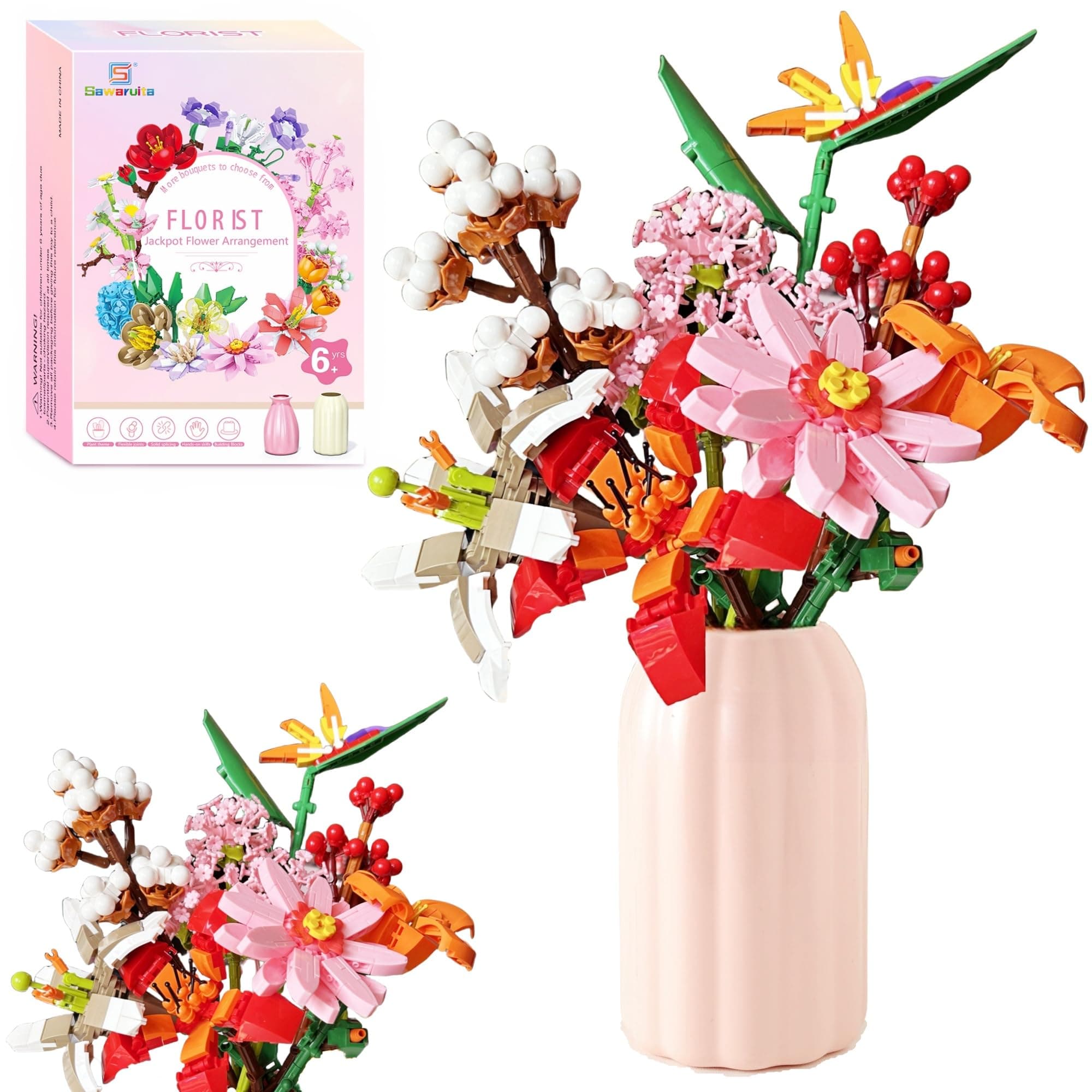 Sawaruita Pink Pretty Wild Flower Building Blocks Set for Adults - 923 Pcs Botanical Bouquet with Vase, Home Decor Gift for Valentine’s Day & Mother’s Day