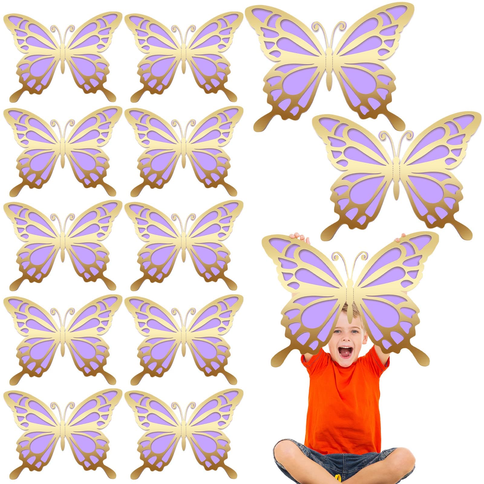 Geyee 12 Pcs 3D Large Butterfly Party Decoration 12 Inch 10 Inch Big Butterfly Centerpieces for Tables Baby Shower Birthday Wedding Hanging Decoration(Gold and Purple)