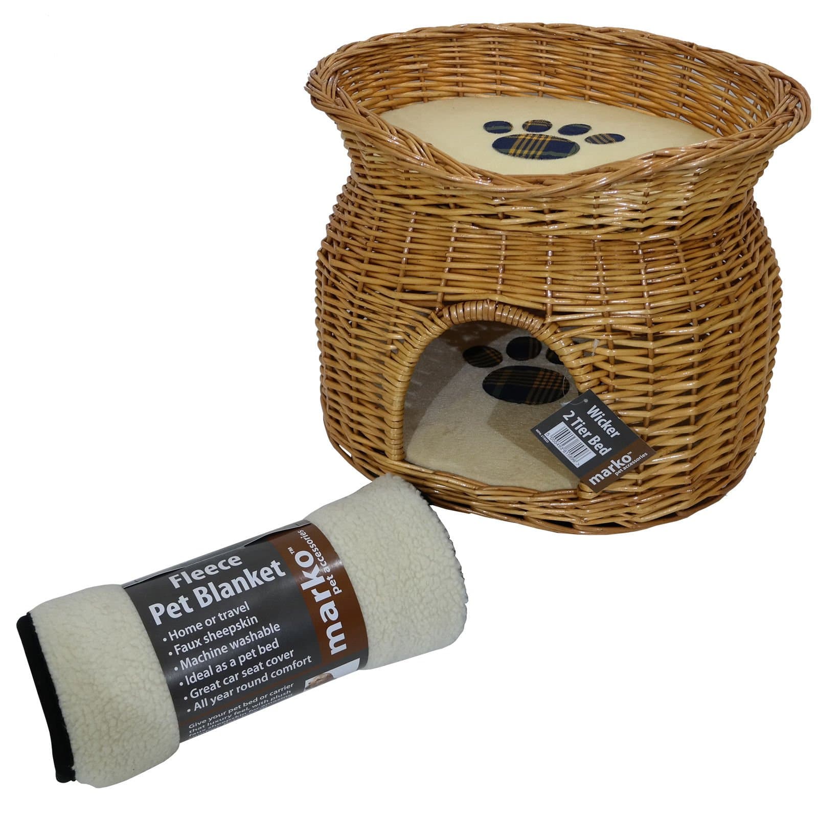 Wicker Two Tier Pet Bed with Free Faux Sheepskin Blanket Cat Kitten Dog Puppy