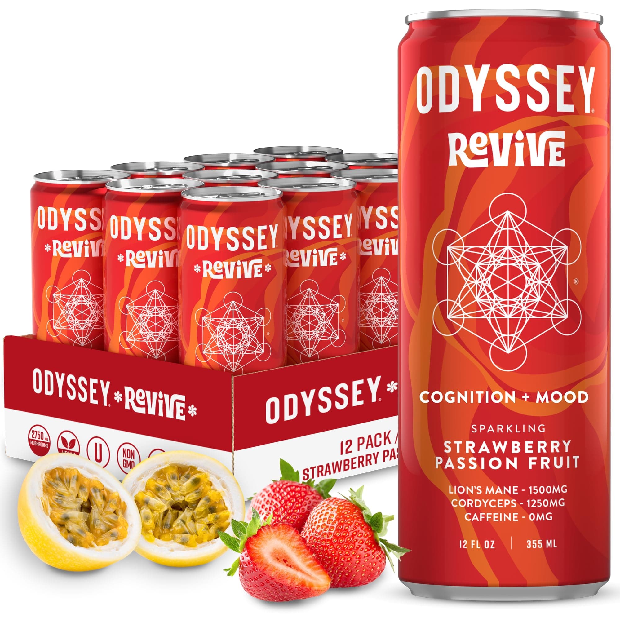 Odyssey Revive Sparkling Drink – Caffeine Free Electrolyte Water with Lion’s Mane Cordyceps L-Theanine and Vitamin C – Instant Hydration for Wellness – Strawberry Passion Fruit Flavor – 12 Pack