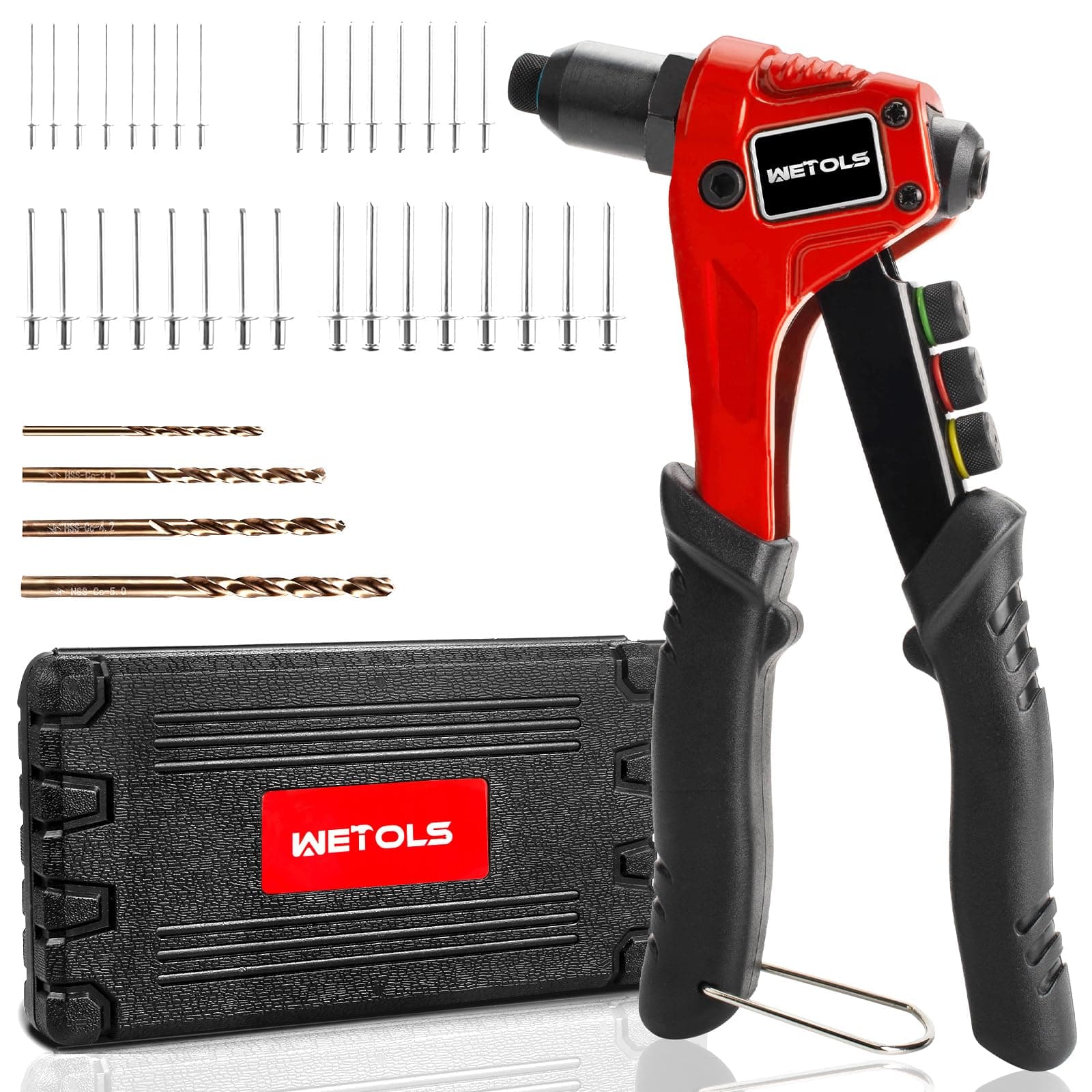 WETOLS Rivet Gun with 120 Pcs Rivets, Manual Rivet Gun Kit with 4 Manual Interchangeable Rivet Heads and 4 Twist Drills Attached, Sturdy Blow Molded Case WE-888