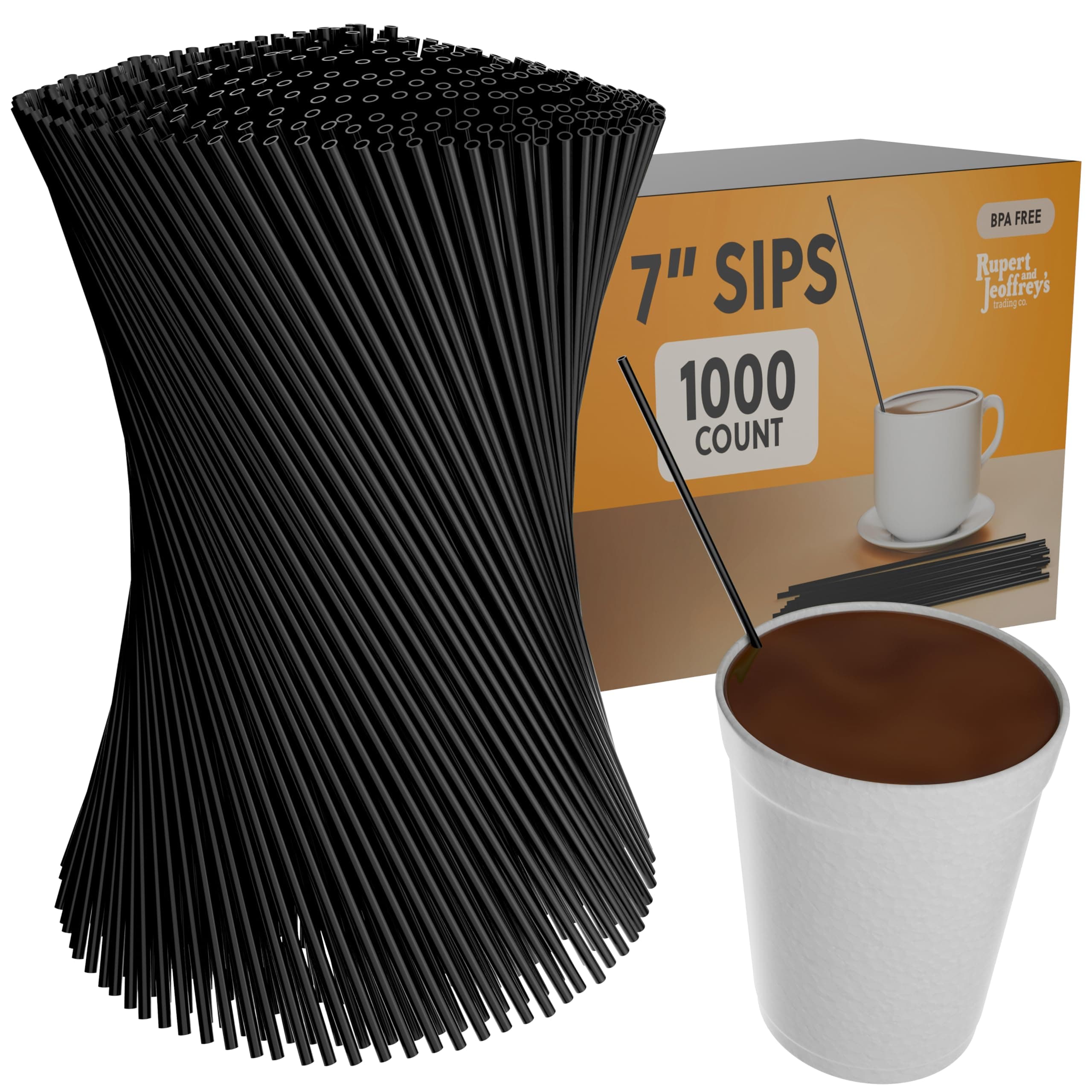 Rupert and Jeoffrey's Trading Co. Tall Plastic Coffee Stir Sticks - 7 Inch Coffee Stirrer Sip Straws (Black, 1000)