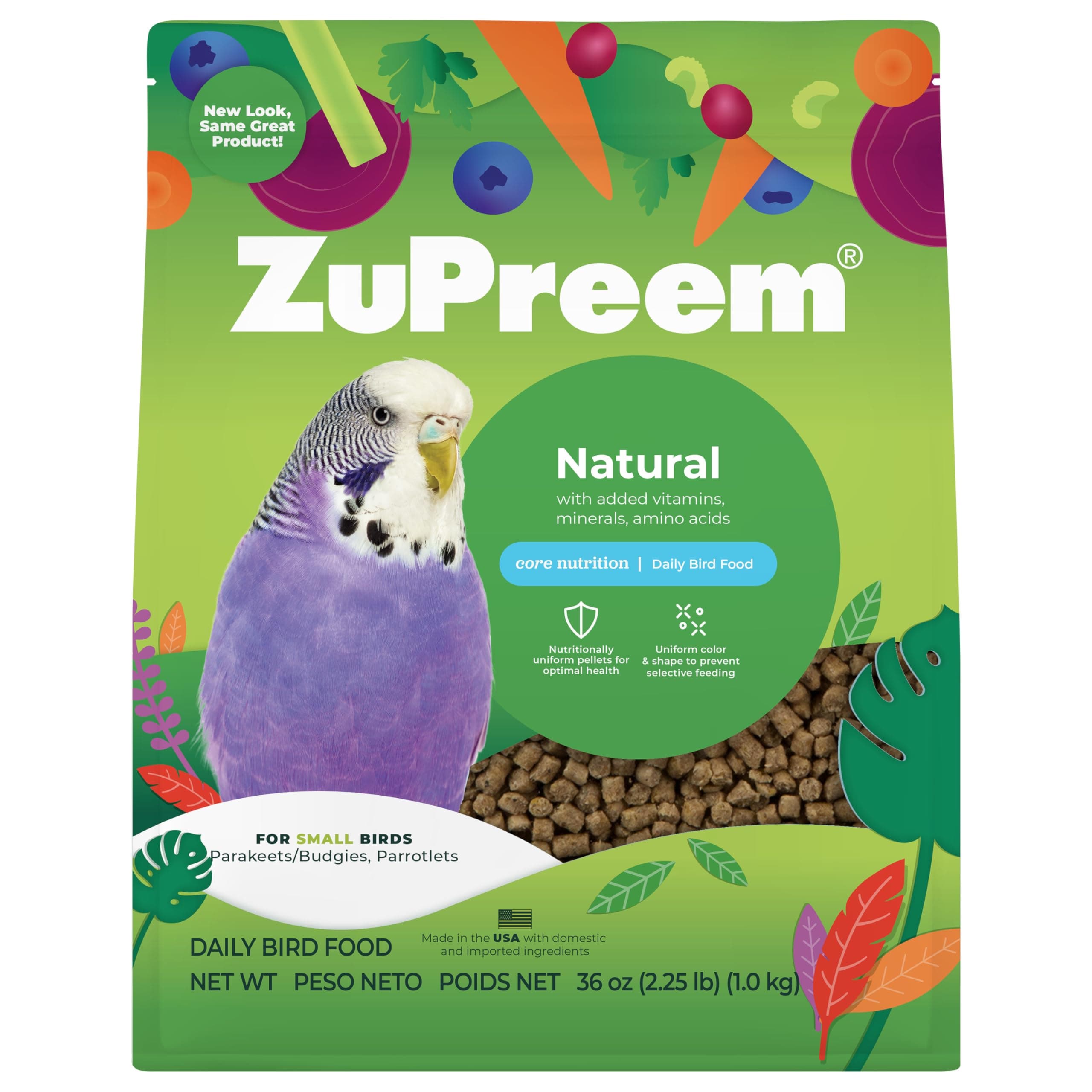ZuPreem Natural Bird Pellets, Daily Bird Food for Parakeet, Budgie, Parrotlet, Dove, Core Nutrition for Small Birds, Added Vitamins, Made in USA, Parakeet Food, Budgie Food (S, 2.25 lb)
