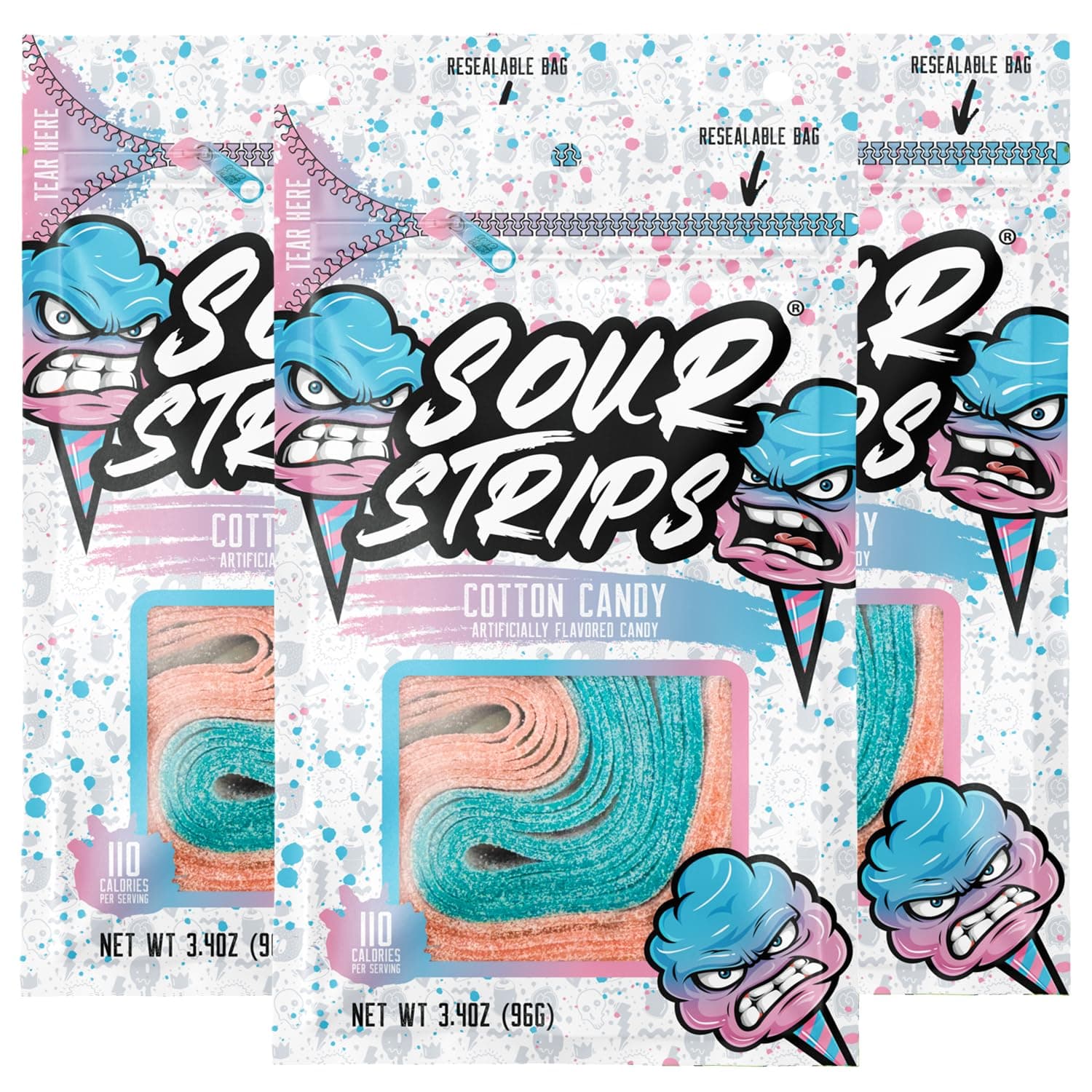 Sour Candy Belts, Cotton Candy, Resealable Candy Bags, 3.4 Ounce (Pack of 3)