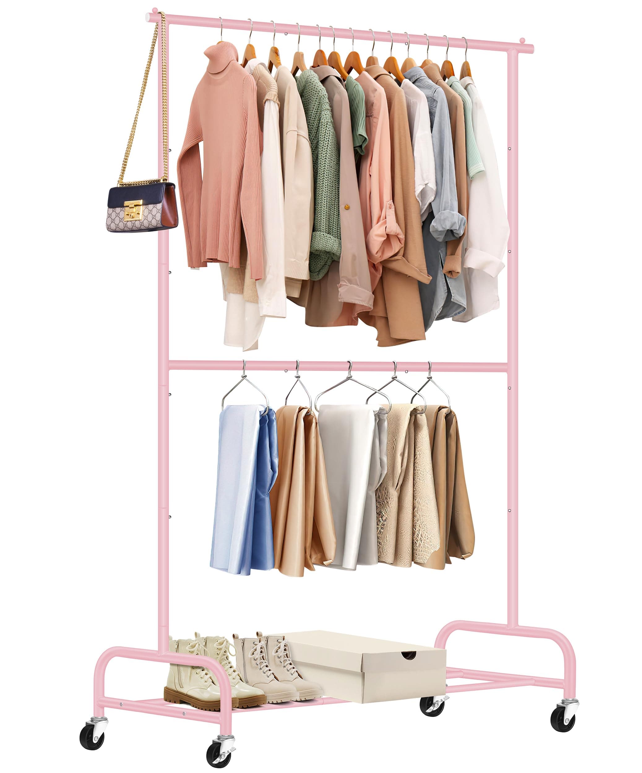 SLEEPING LAMB Double Rod Heavy Duty Clothes Racks for Hanging Clothing, Metal Rolling Garment Rack With Wheels Clothes Hanger Rack Wardrobe Racking for Coats, Shirts (Pink)