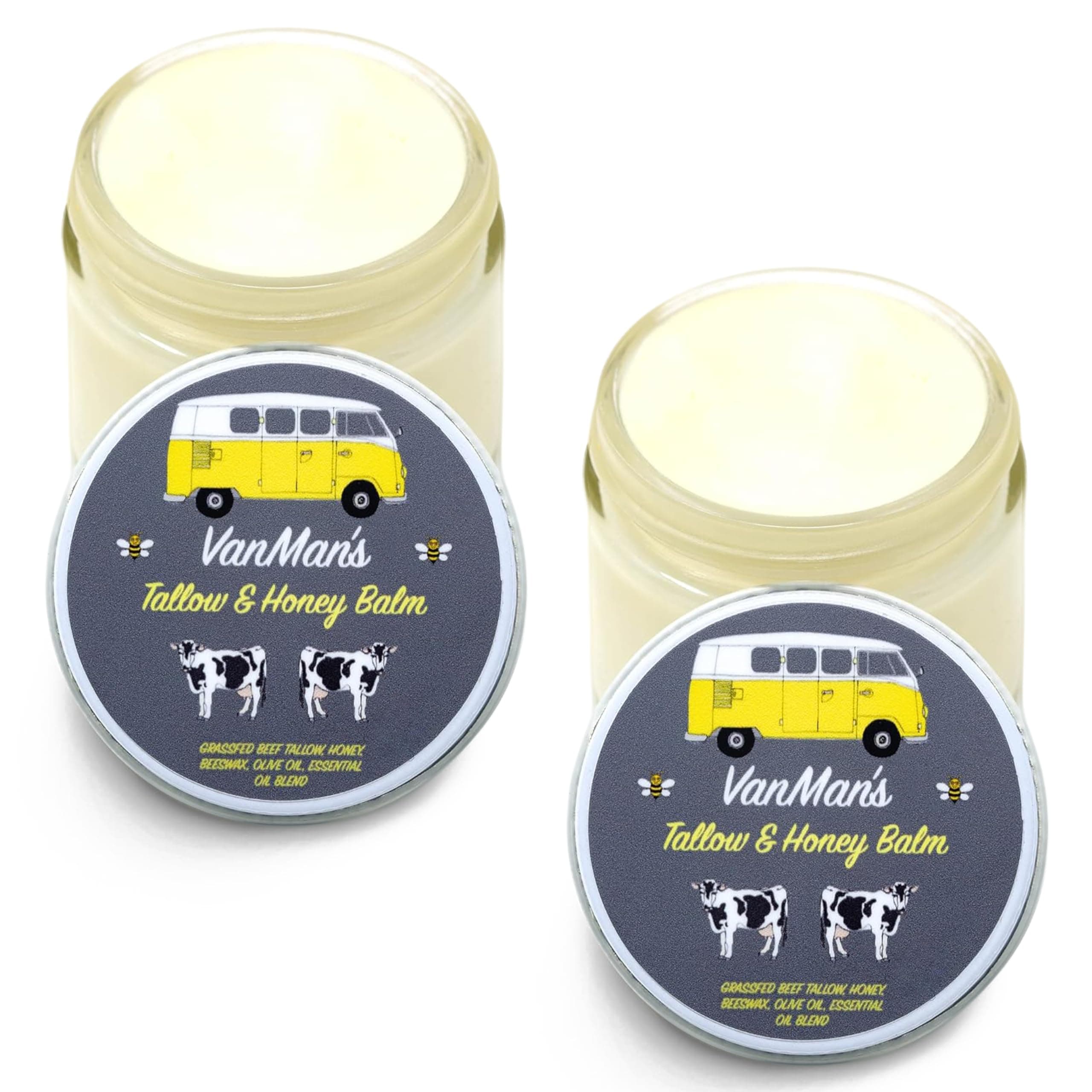 Vanman's Tallow and Honey Balm (2 Pack) - Tallow Face Moisturizer with Pure Grass-Fed/Finished Beef Tallow for Skin and Essential Oils, Organic Raw Honey and Beeswax, Cold Pressed Olive Oil - 2 oz