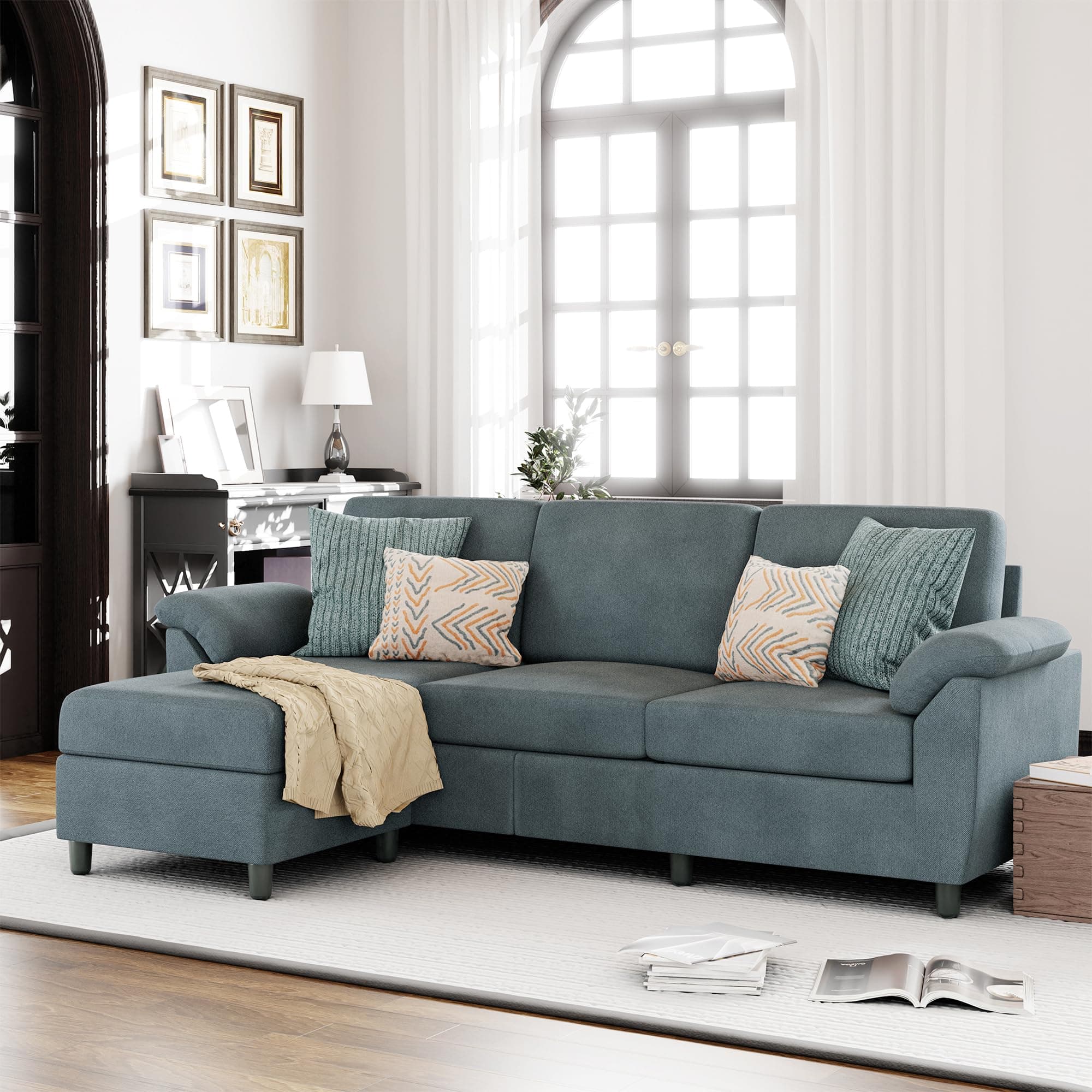 Vongrasig 79" Convertible Sectional Sofa Couch, 3 Seat L Shaped Sofa with Removable Pillows Linen Fabric Small Couch Mid Century for Living Room, Apartment and Office (Gray)