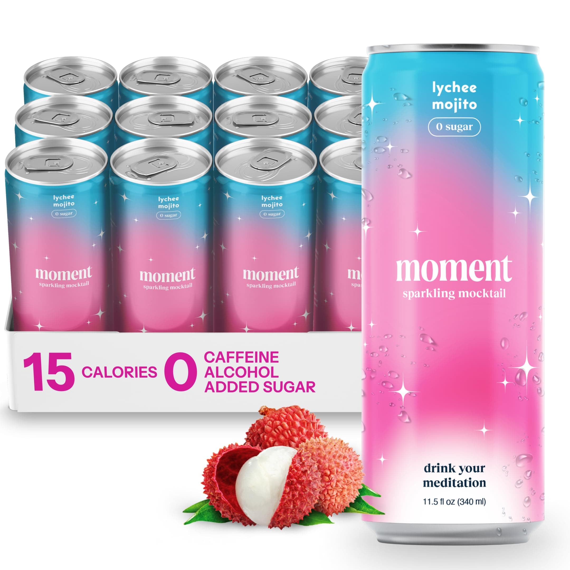 Moment Mocktails Non Alcoholic Drinks (Shark Tank) | SPARKLING Lychee Mojito Adaptogen Drink | L-Theanine & Ashwagandha for Calm & Clarity | 0 Added Sugar 0 Caffeine | 24-pack