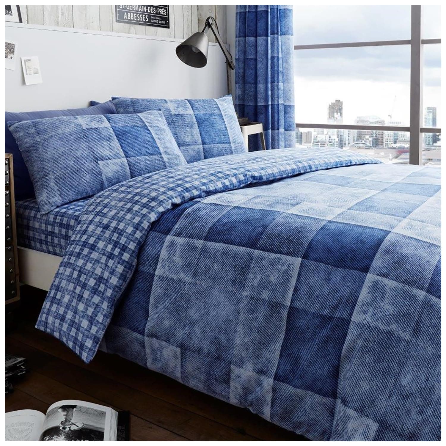 GC GAVENO CAVAILIA Polycotton Checked Duvet Cover Double (200cm x 200cm) - Quilt Bedding Set Double Bed with 2 Pillow Cases - Blue