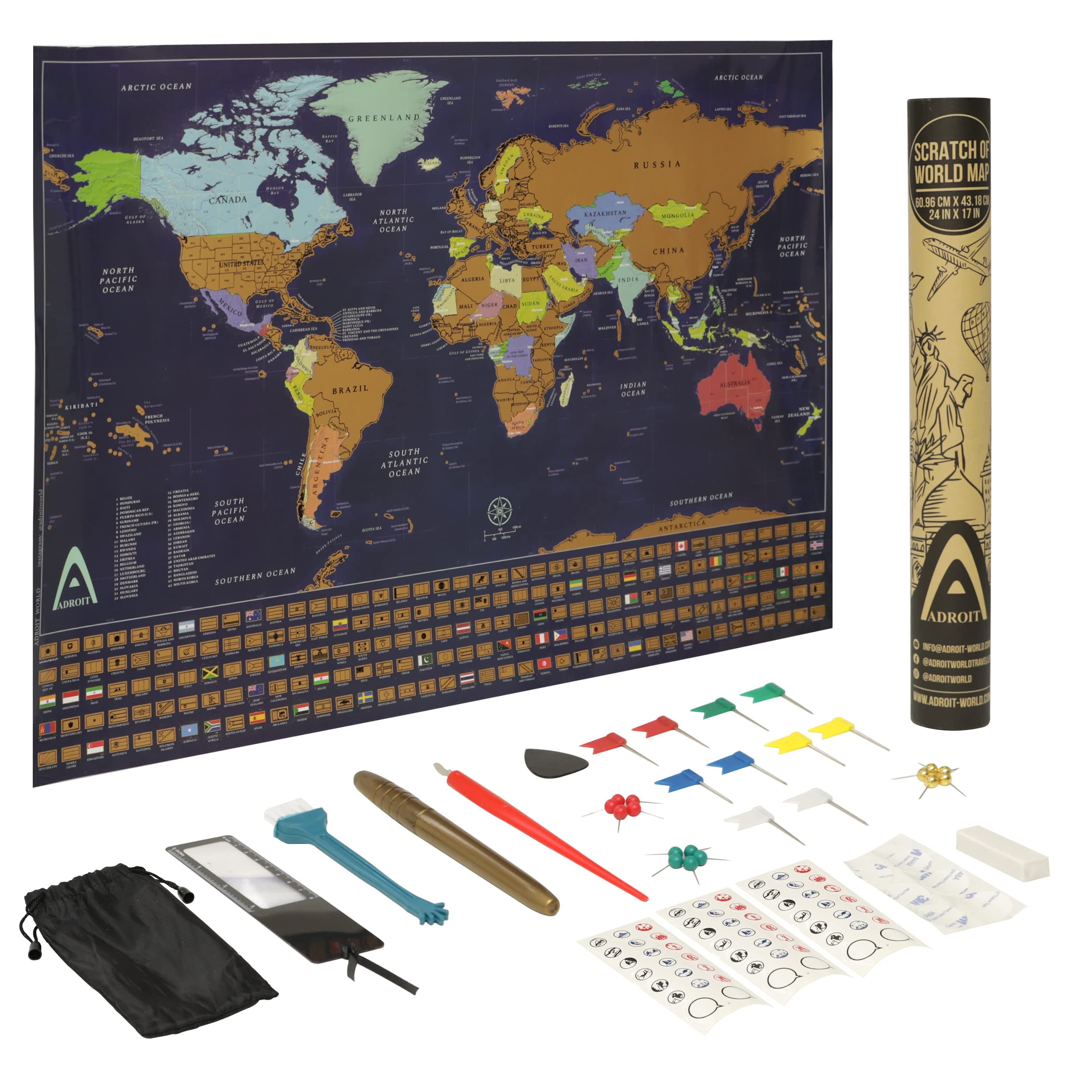 Travel Scratch Off Map of the World with Pins, Scratch Off Travel Map with US States and Canada Provinces, Includes Complete Accessories Set and All Country Flags, Perfect Wall Art for Travelers