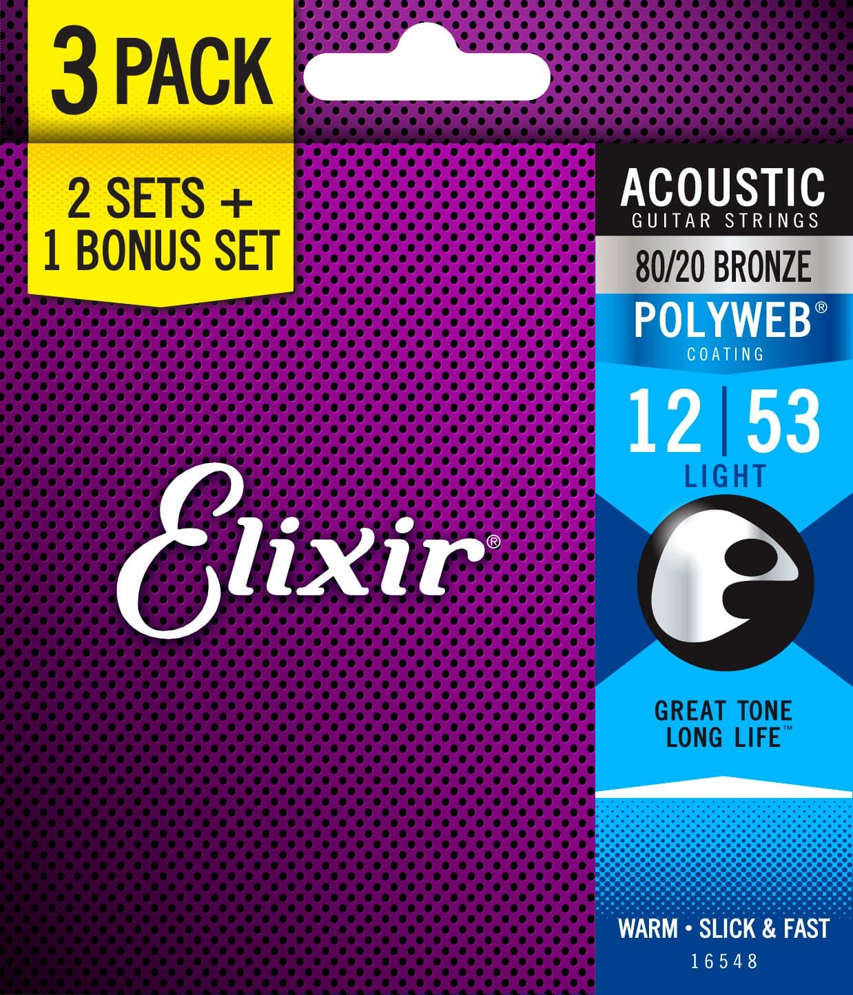 ElixirStrings 16548 80/20 Bronze Acoustic Guitar Strings with Polyweb Coating, Set of 3 Pieces