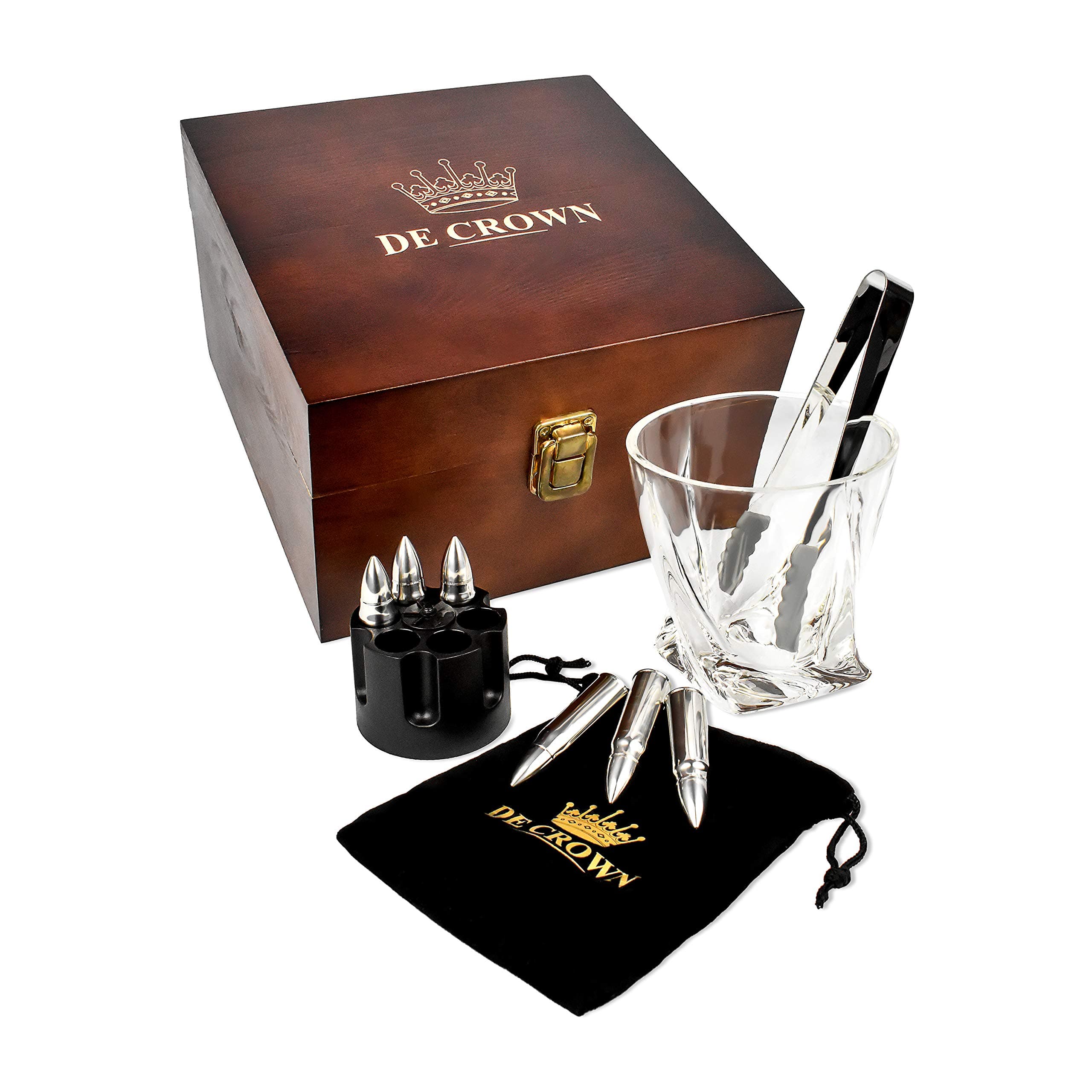 Twist Whiskey Glass and Bullets Stones Gift Set in Premium Wood Box, Set of 10 - Large Metal Ice Cubes to chill Scotch, Bourbon - Cool Gifts for Men, Father's Day, Christmas, Military Man, Retirement