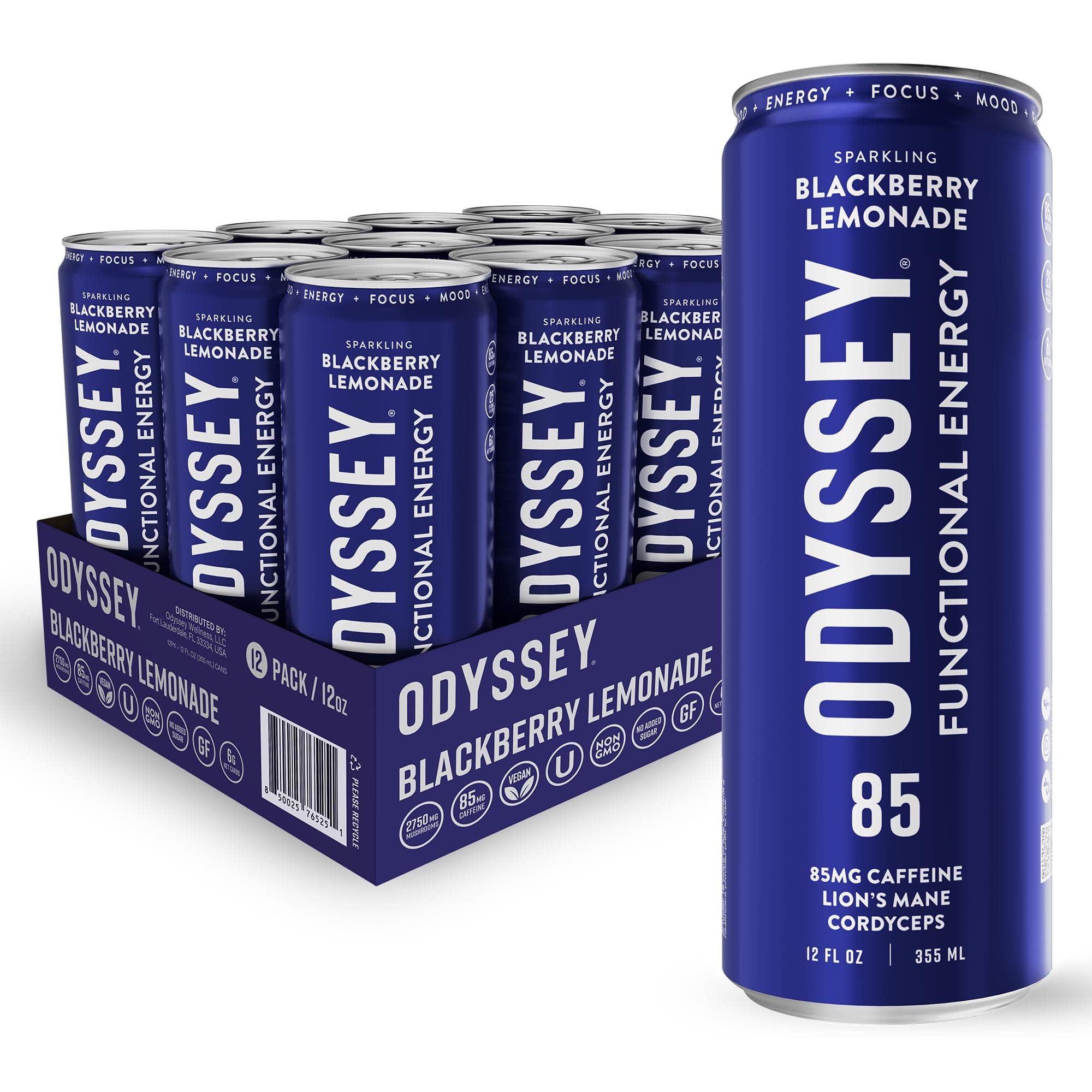 Odyssey Functional Energy Drink for Focus, Cognition & Mood Support 12 Pack - Adaptogenic Drink with 85mg Green Tea Caffeine, Lions Mane, Cordyceps, L-Theanine & Ginseng, Sparkling Blackberry Lemonade