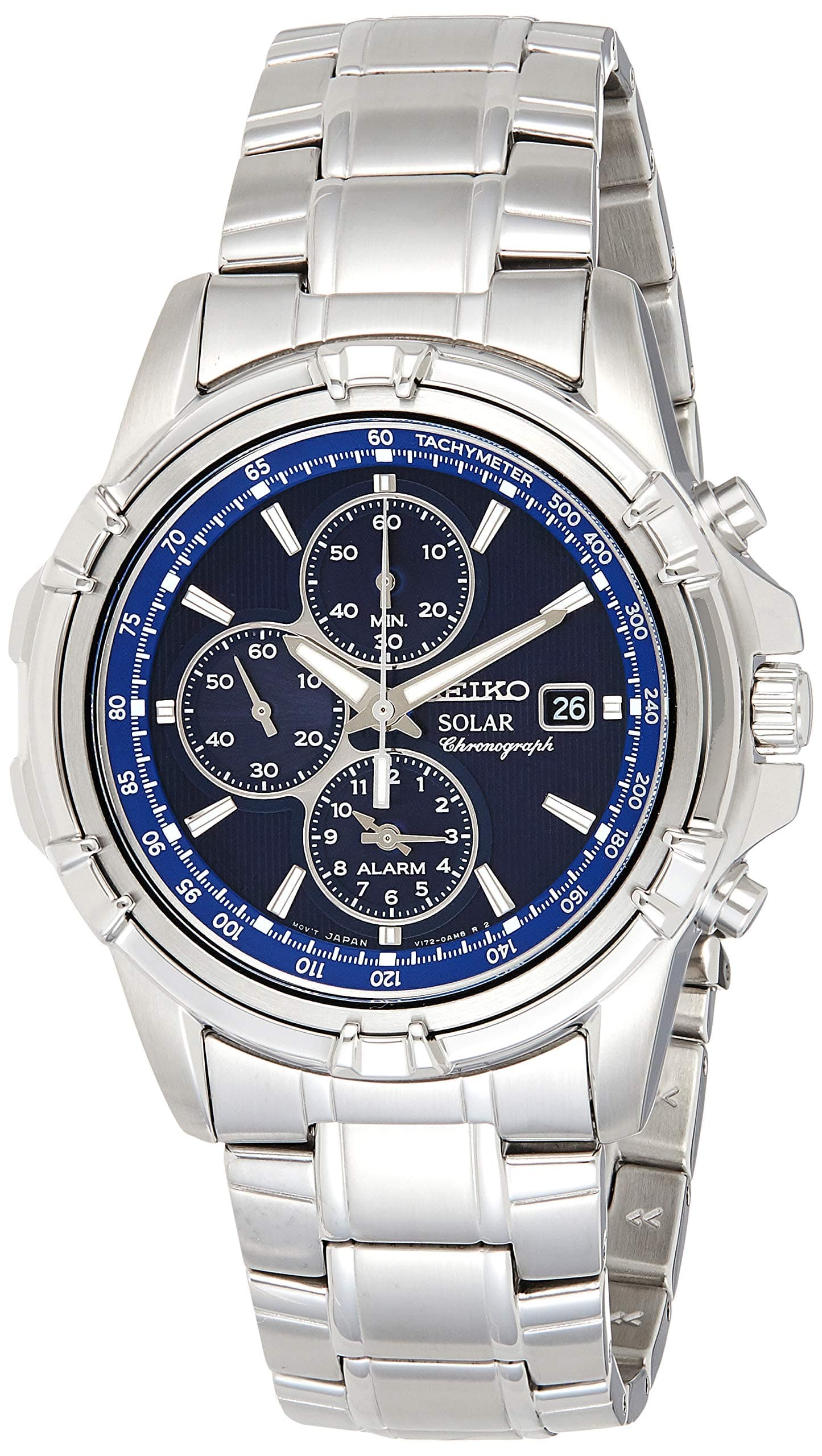 SEIKO SSC141 Watch for Men - Blue Dial with Solar Chronograph, Date Calendar, and LumiBrite Hands, Stainless Steel and Water-Resistant to 100m