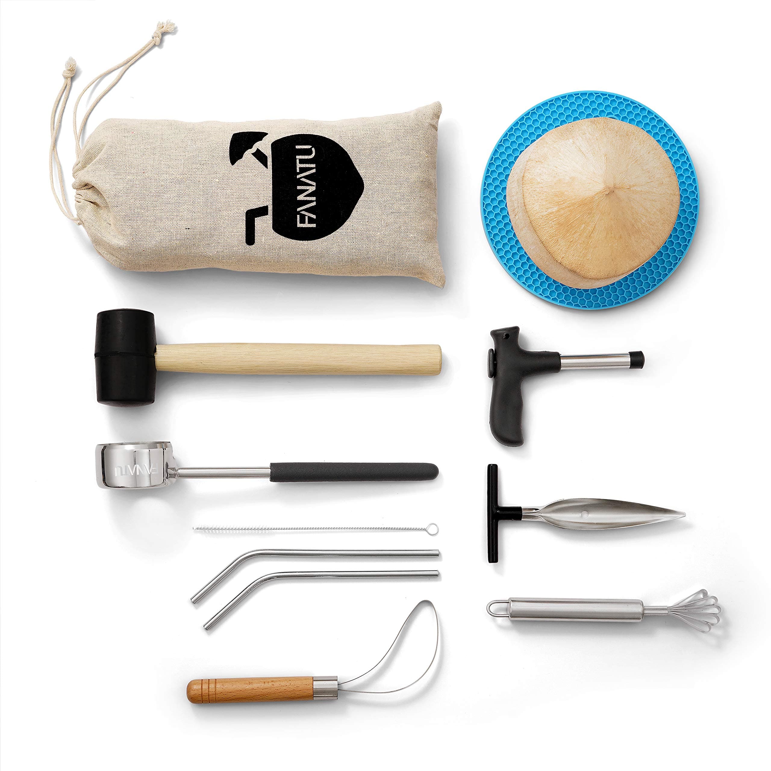 Coconut Opener Set for Young Coconut Opener Kit by FANATU – Premium Food Safe Stainless Steel Coconut Opener Tool & Hammer – Coconut Meat Remover & Straws & Brush & Silicone Mat - ALL IN ONE Carry Bag
